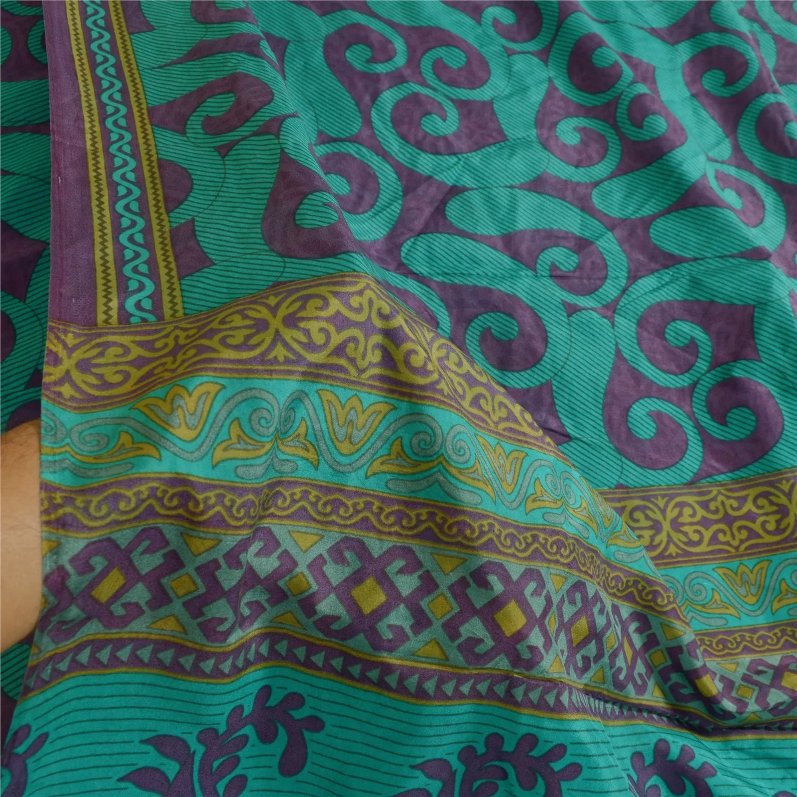 Sanskriti Vintage Sarees Green/Purple Pure Silk Printed Sari Soft Craft Fabric