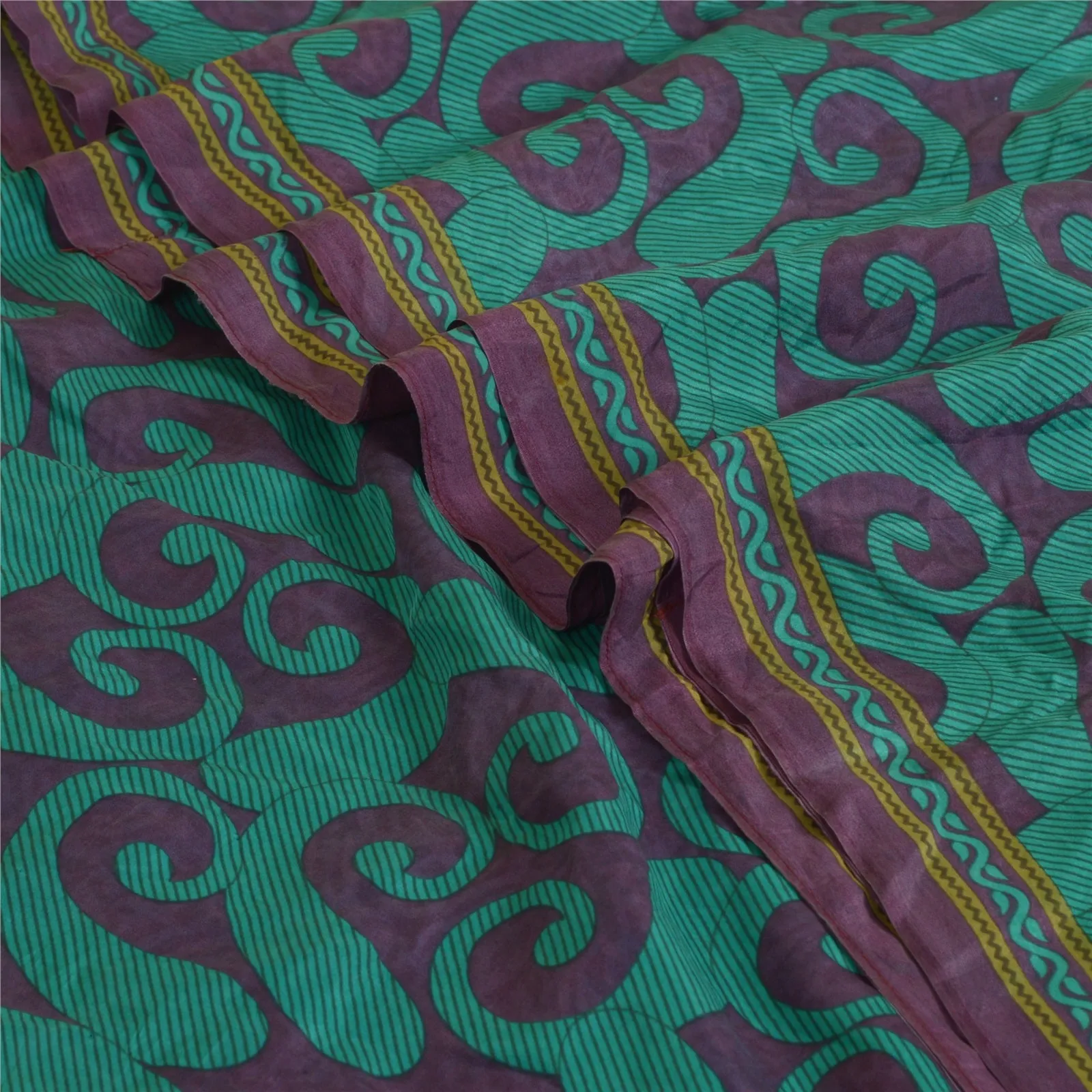 Sanskriti Vintage Sarees Green/Purple Pure Silk Printed Sari Soft Craft Fabric