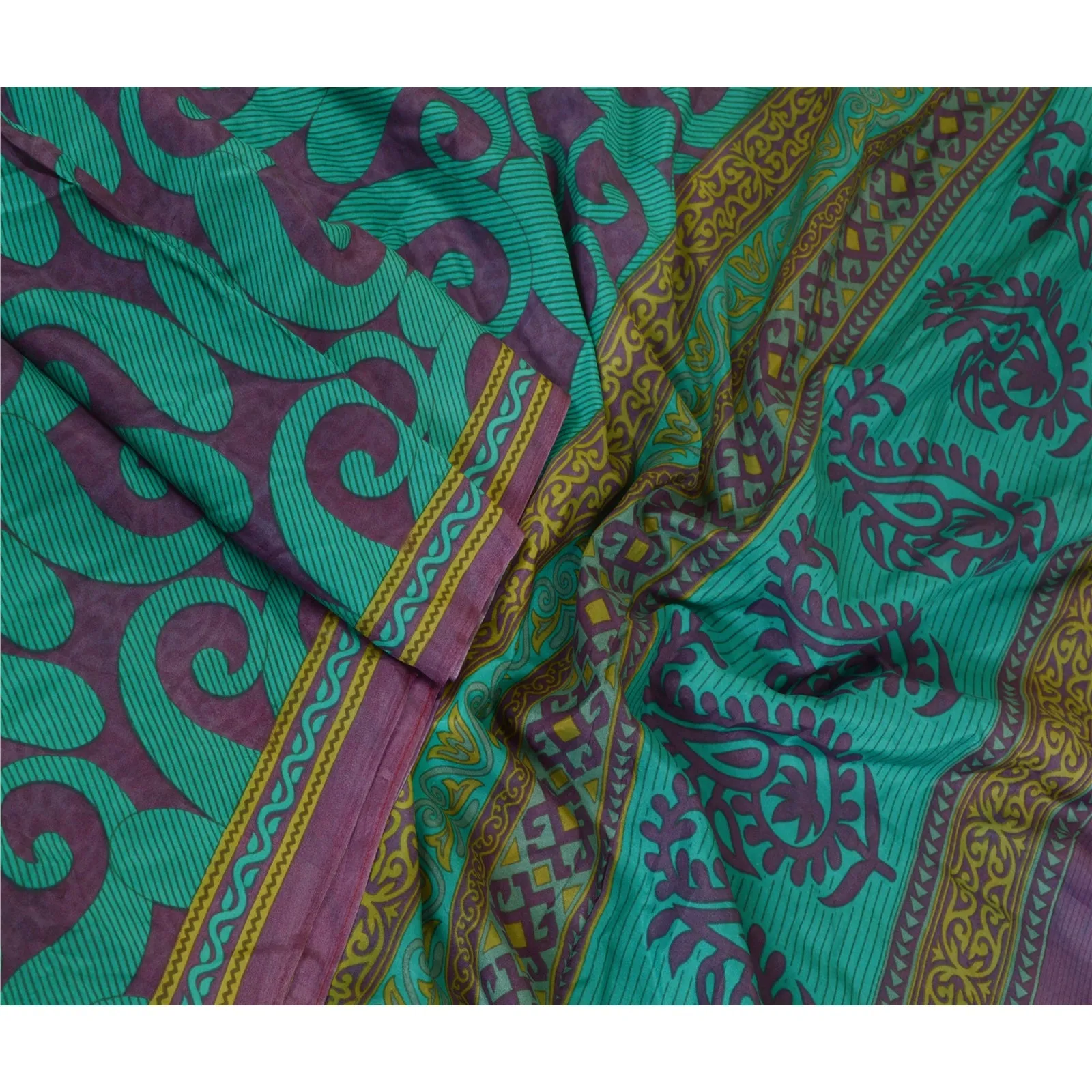 Sanskriti Vintage Sarees Green/Purple Pure Silk Printed Sari Soft Craft Fabric