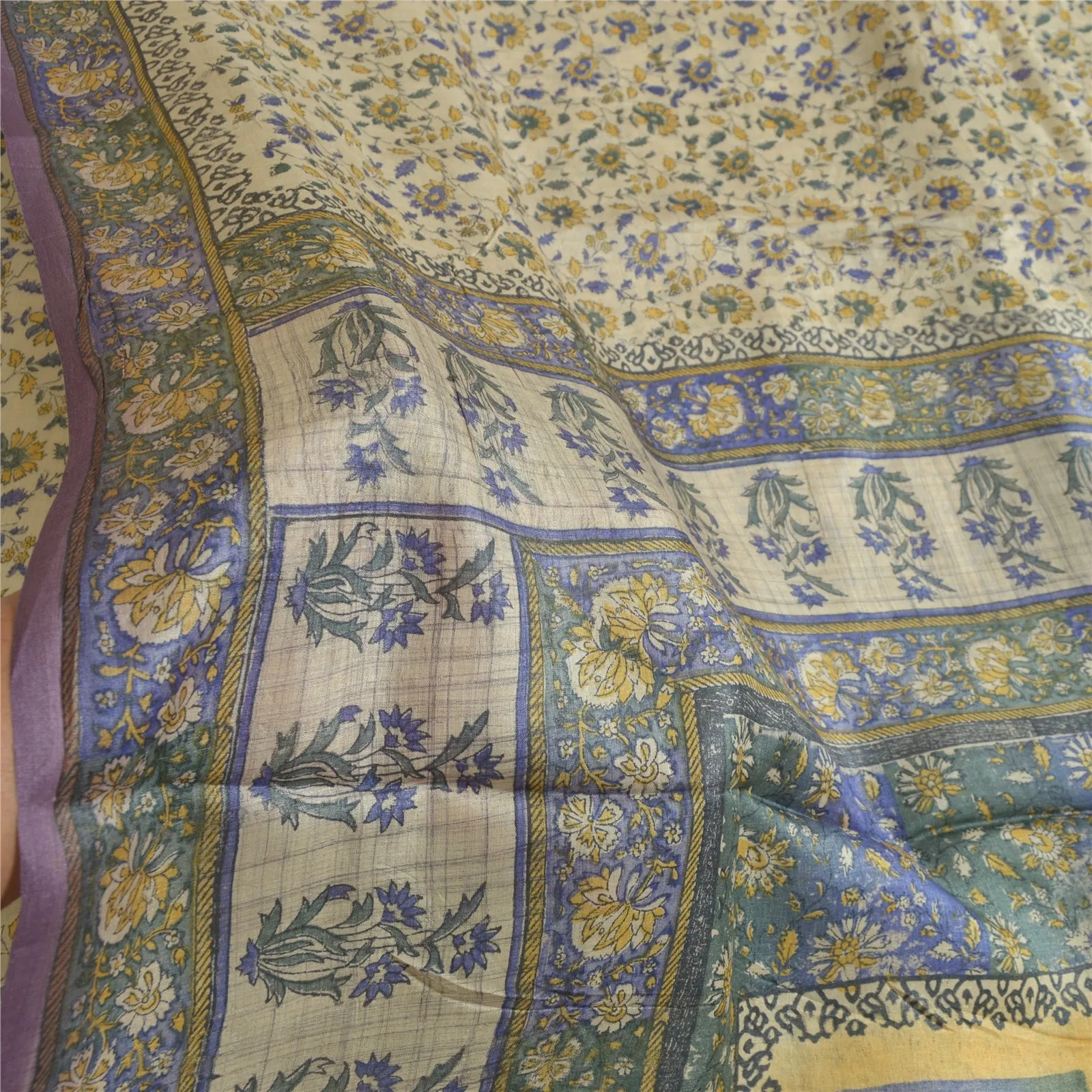 Sanskriti Vintage Sarees Indian Ivory Pure Silk Printed Sari 5yd Craft Fabric