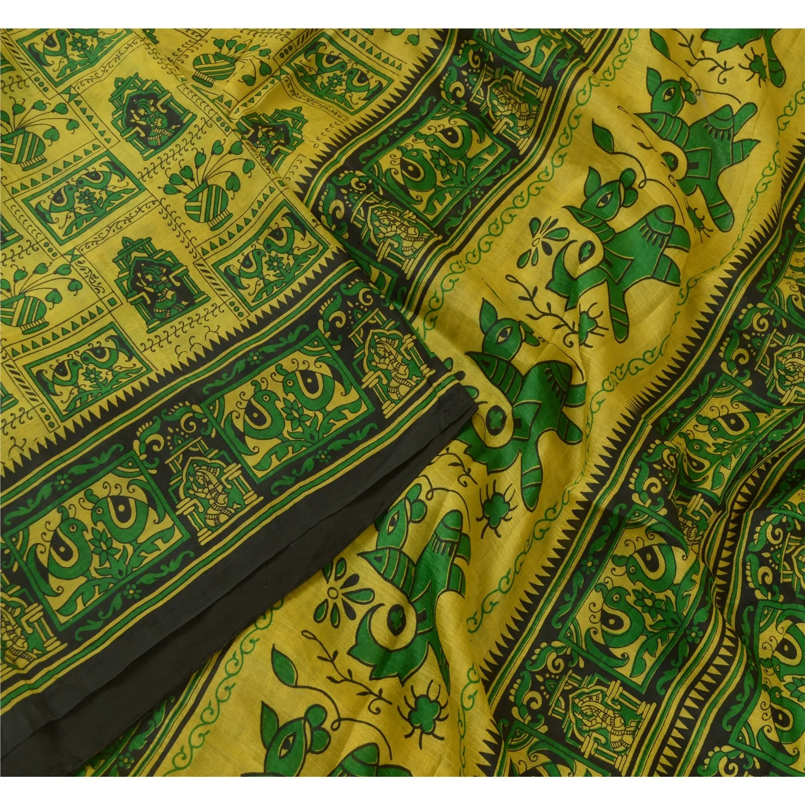 Sanskriti Vintage Sarees Indian Yellow/Green Pure Silk Printed Sari Craft Fabric