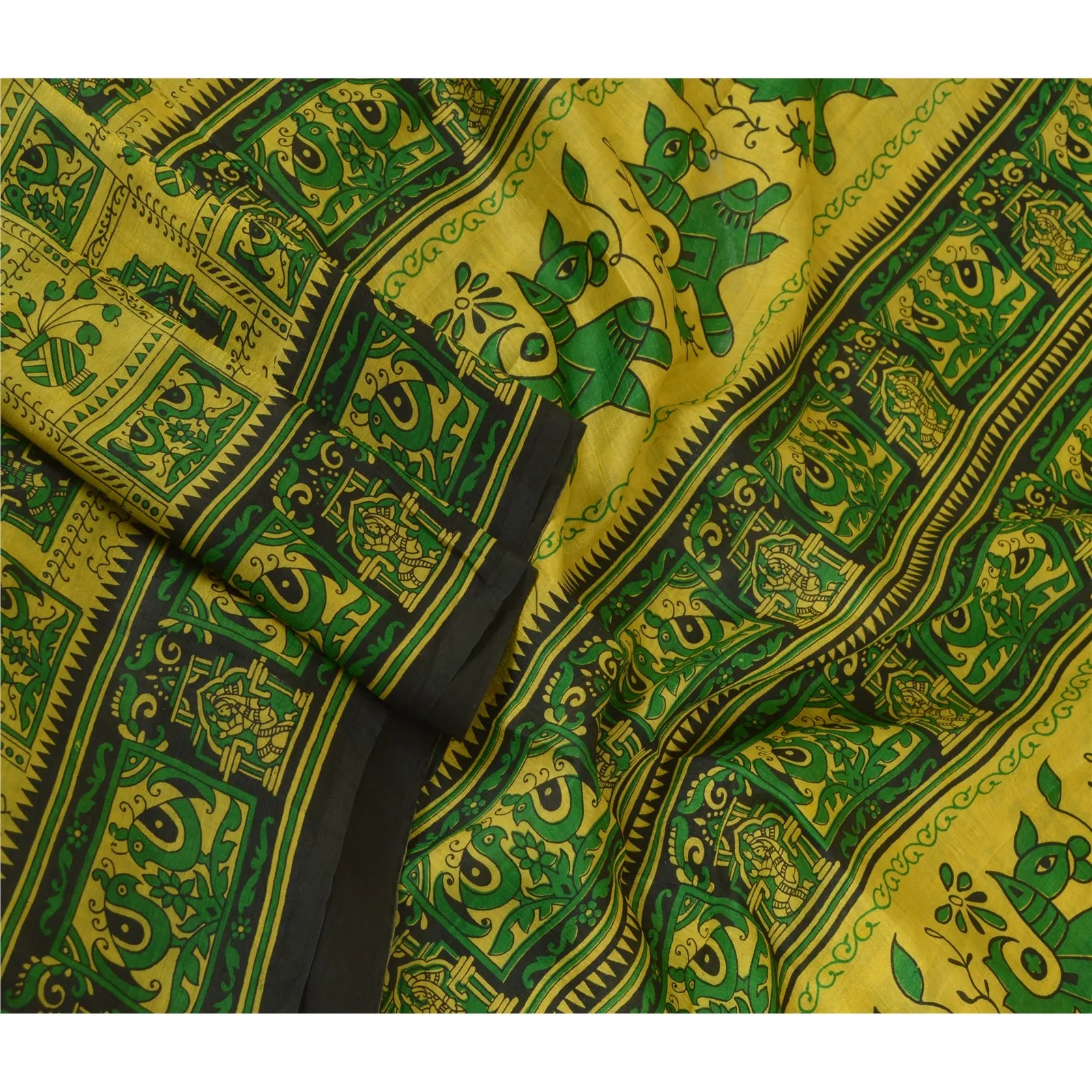 Sanskriti Vintage Sarees Indian Yellow/Green Pure Silk Printed Sari Craft Fabric