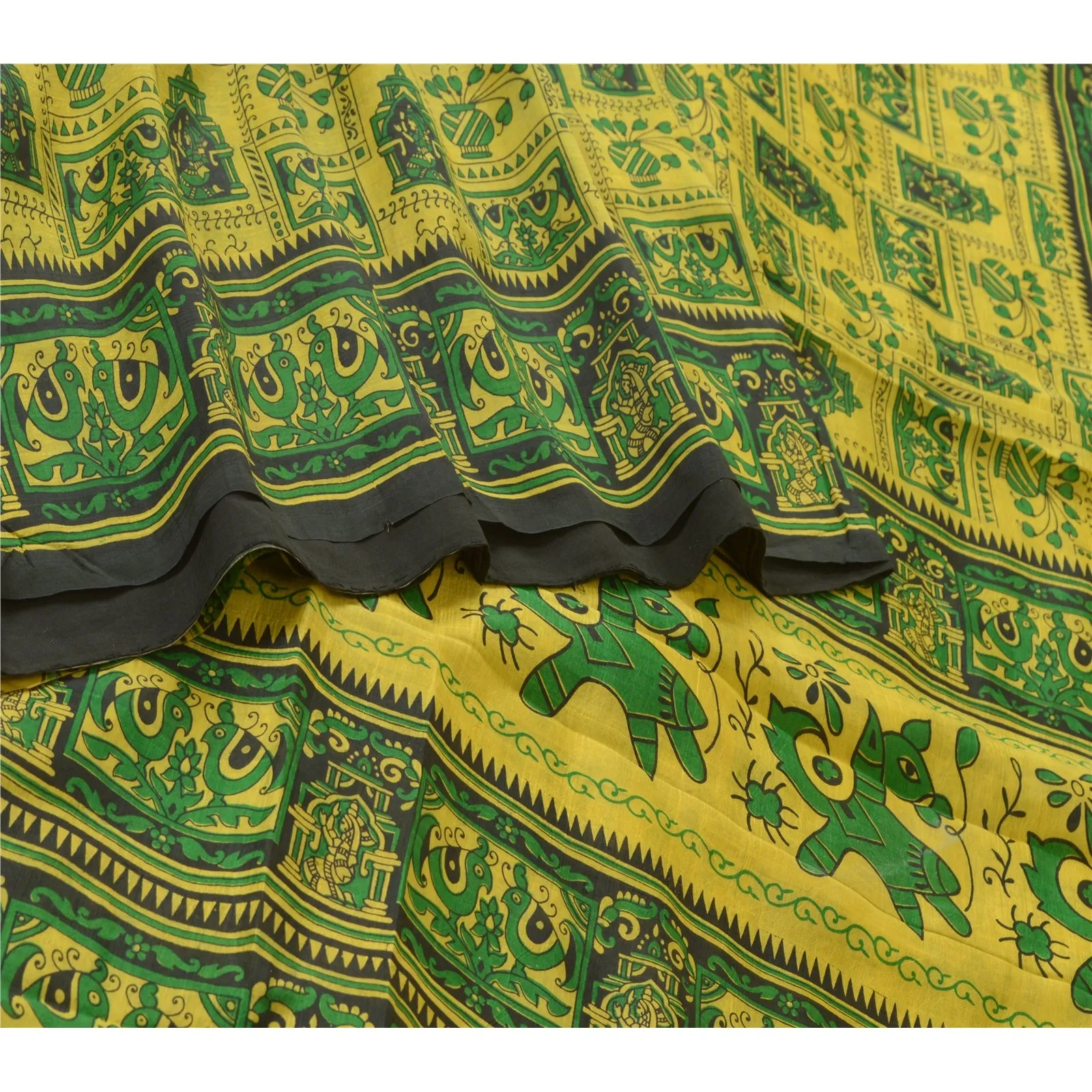 Sanskriti Vintage Sarees Indian Yellow/Green Pure Silk Printed Sari Craft Fabric