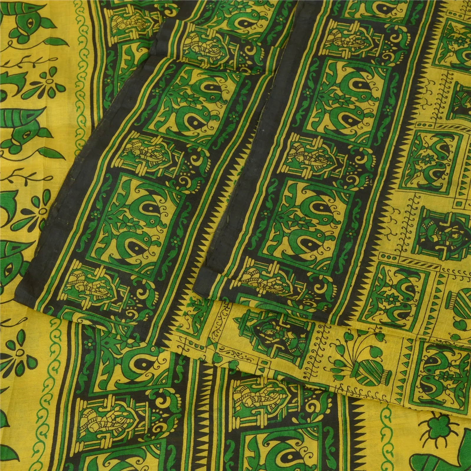 Sanskriti Vintage Sarees Indian Yellow/Green Pure Silk Printed Sari Craft Fabric