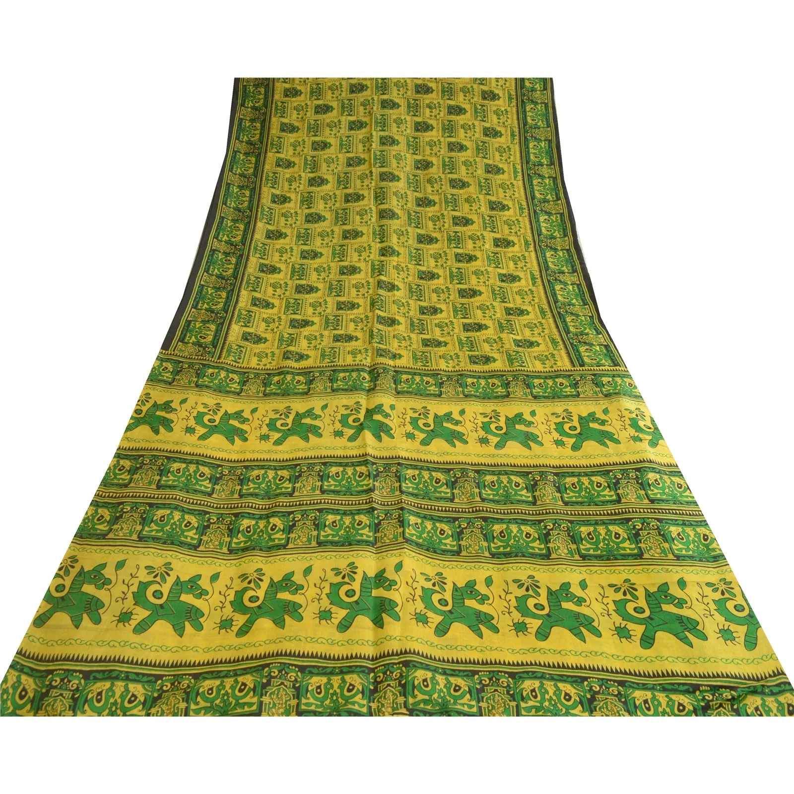 Sanskriti Vintage Sarees Indian Yellow/Green Pure Silk Printed Sari Craft Fabric