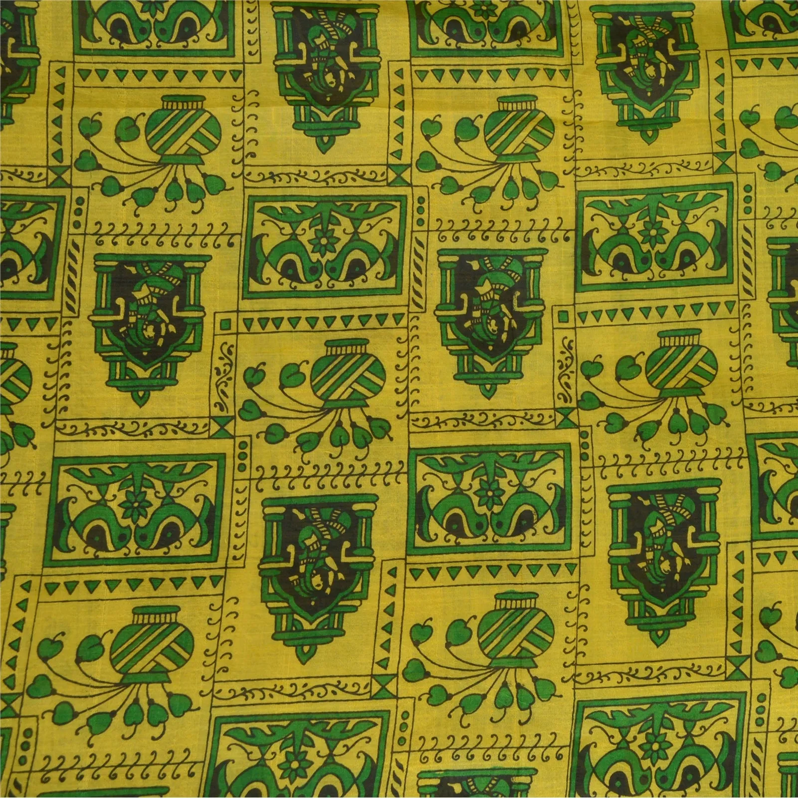 Sanskriti Vintage Sarees Indian Yellow/Green Pure Silk Printed Sari Craft Fabric