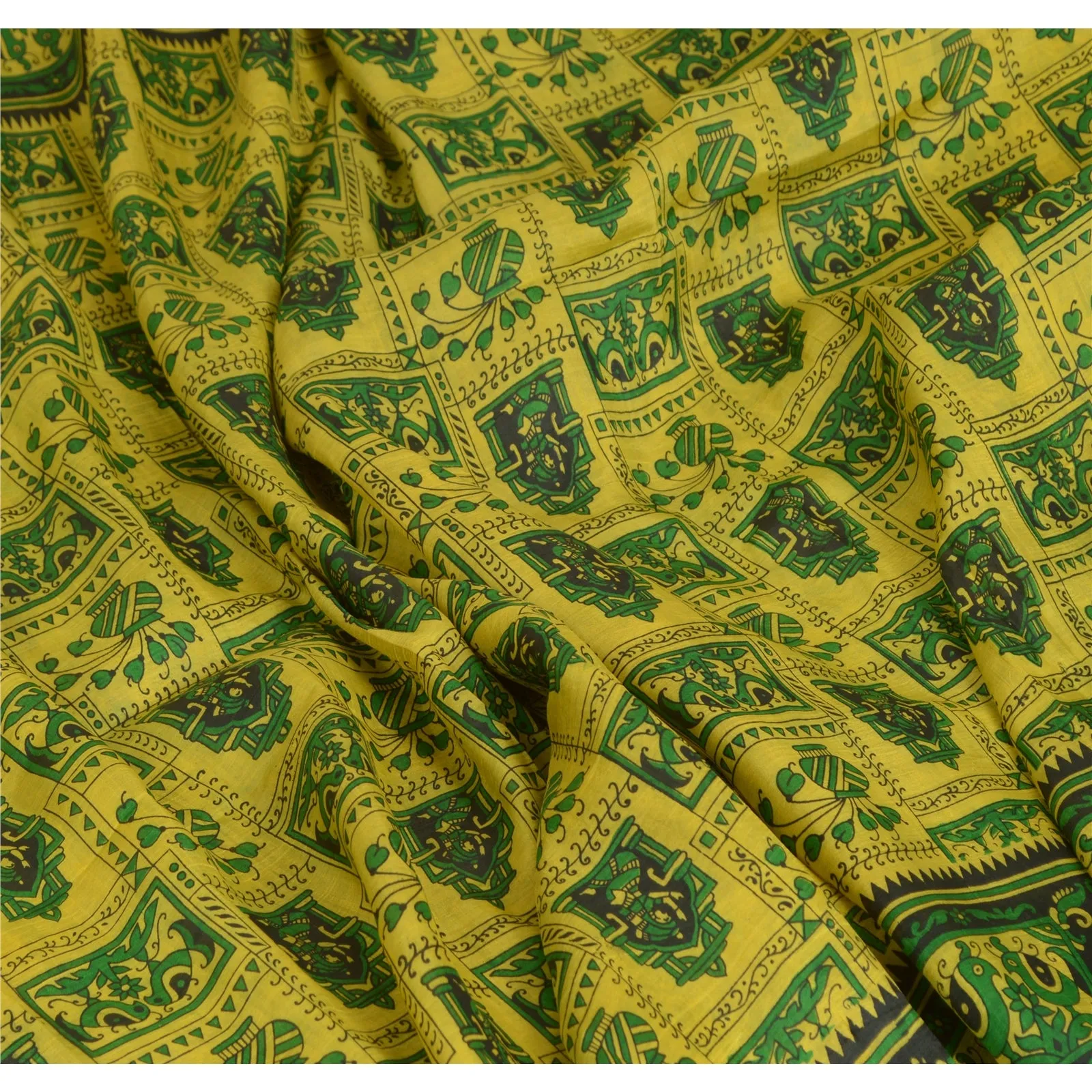 Sanskriti Vintage Sarees Indian Yellow/Green Pure Silk Printed Sari Craft Fabric