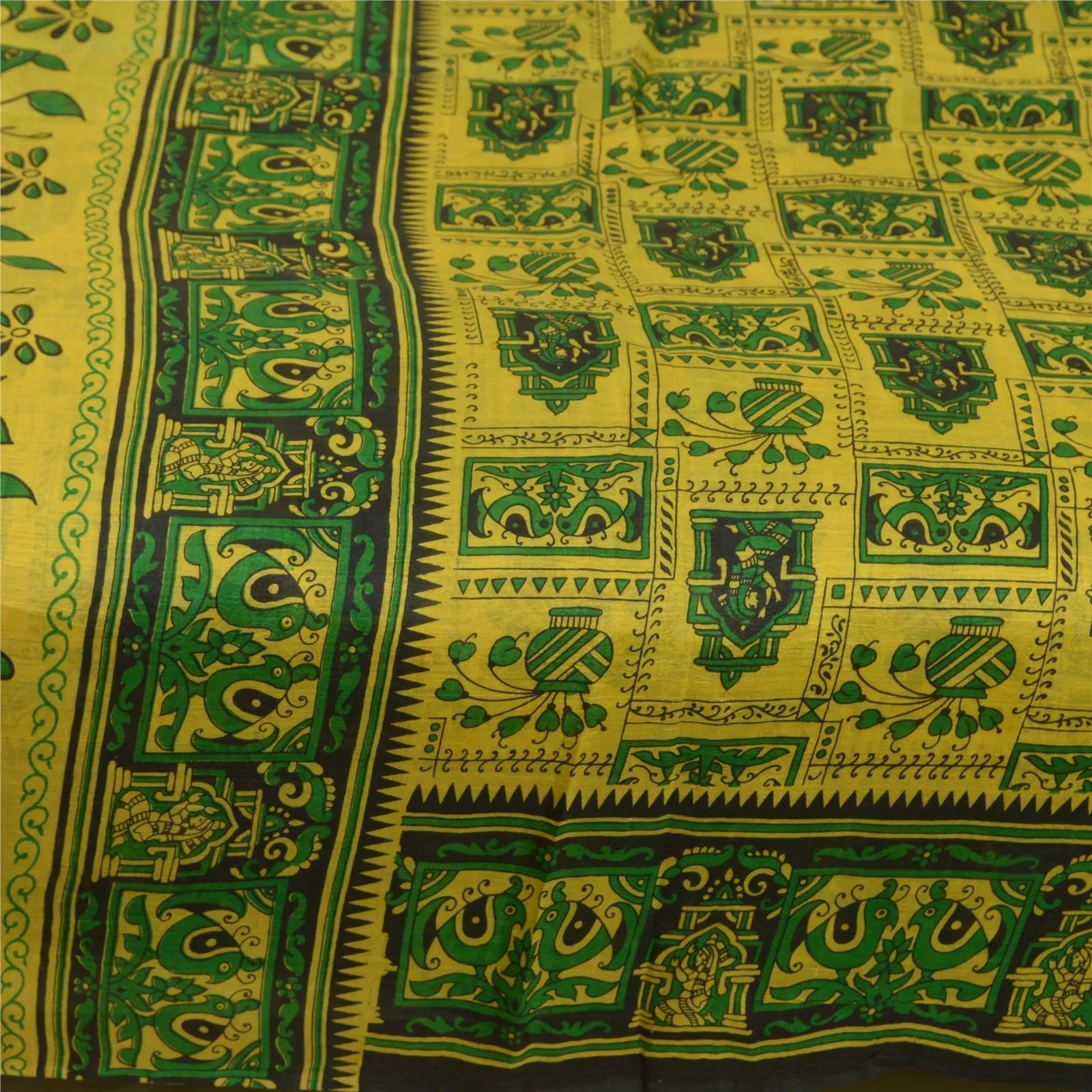 Sanskriti Vintage Sarees Indian Yellow/Green Pure Silk Printed Sari Craft Fabric