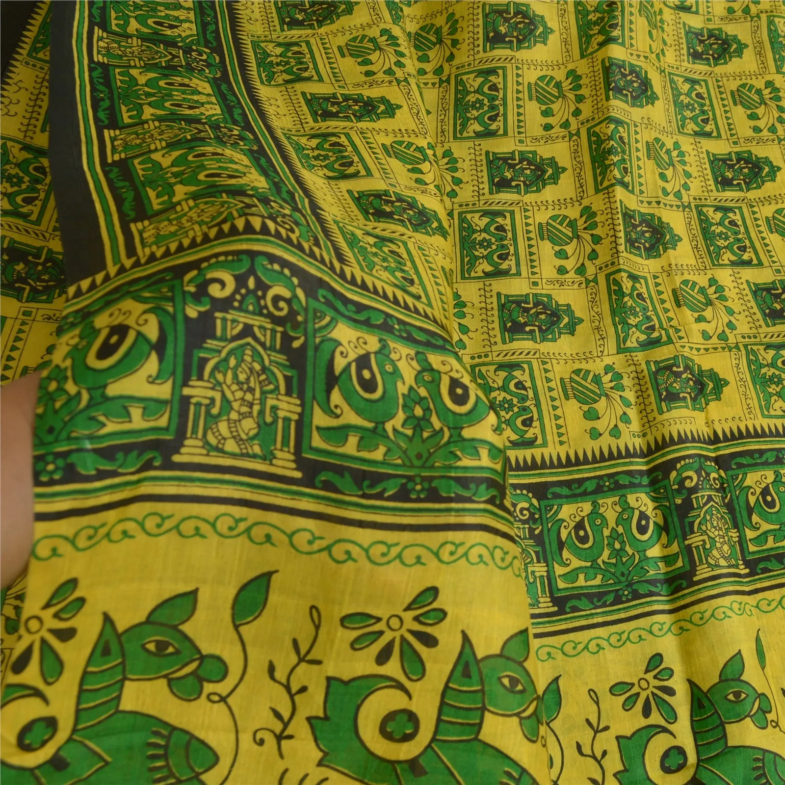 Sanskriti Vintage Sarees Indian Yellow/Green Pure Silk Printed Sari Craft Fabric