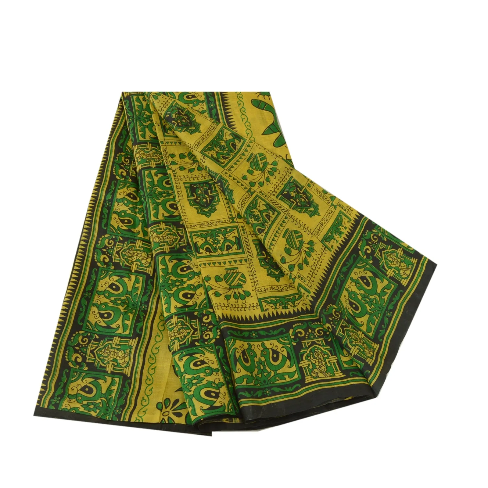 Sanskriti Vintage Sarees Indian Yellow/Green Pure Silk Printed Sari Craft Fabric