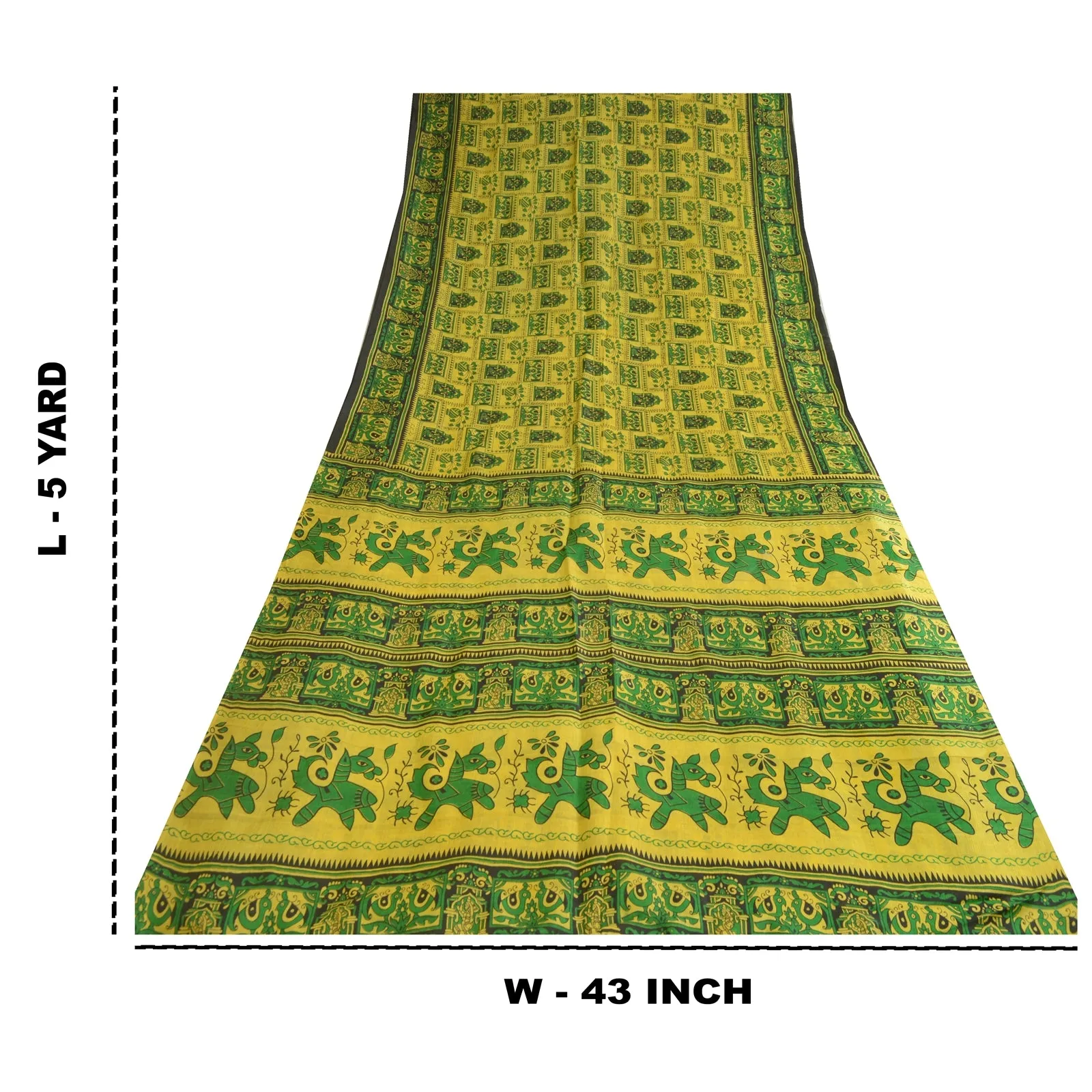 Sanskriti Vintage Sarees Indian Yellow/Green Pure Silk Printed Sari Craft Fabric