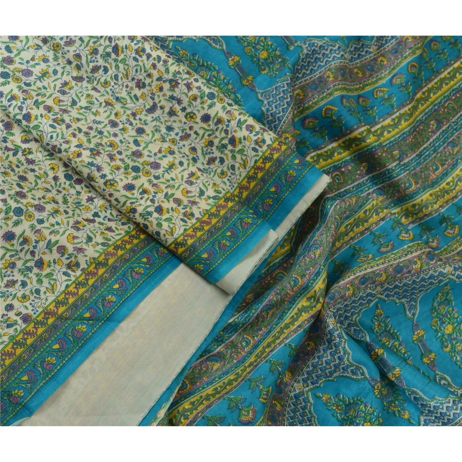 Sanskriti Vintage Sarees Ivory/Blue 100% Pure Silk Printed Sari 5yd Craft Fabric