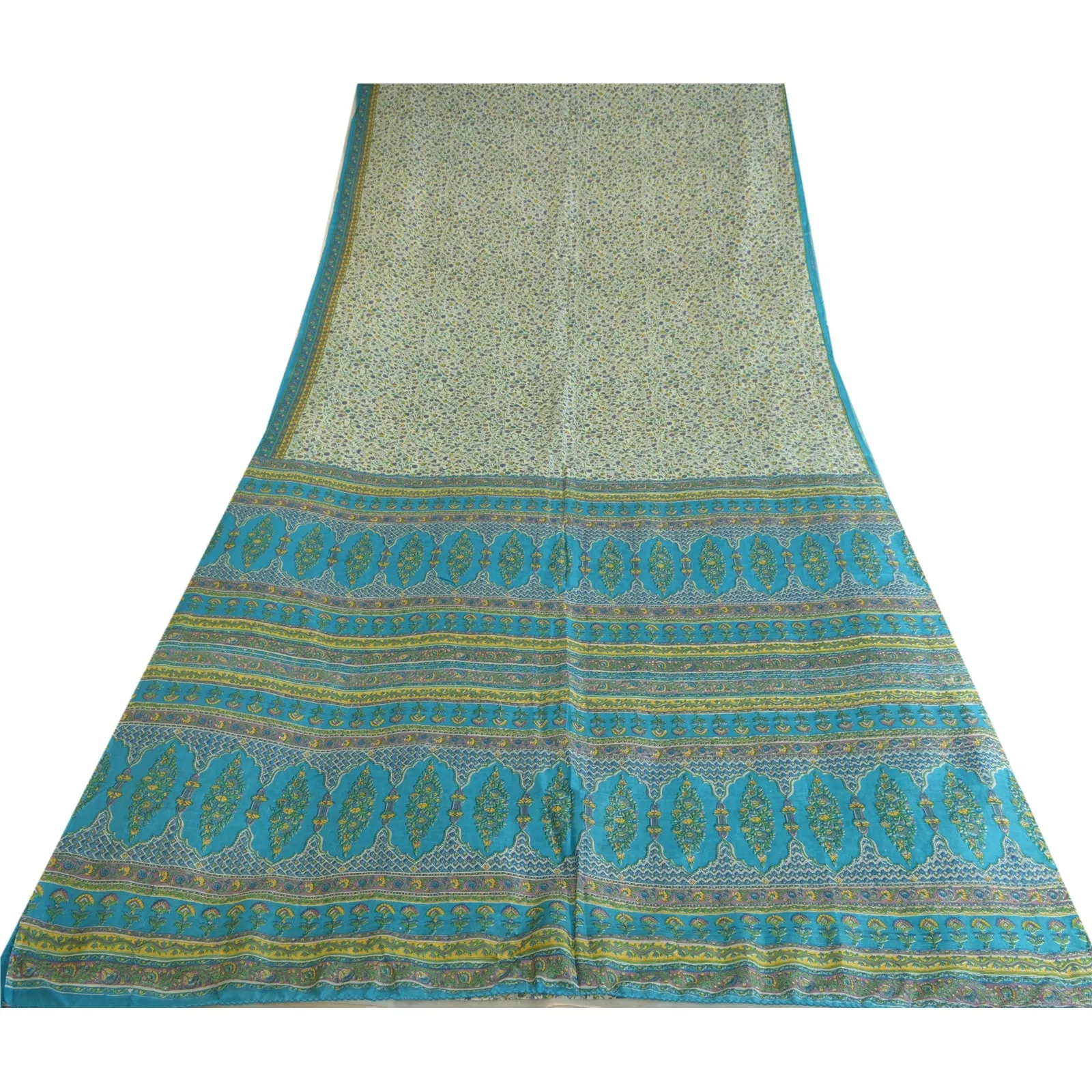 Sanskriti Vintage Sarees Ivory/Blue 100% Pure Silk Printed Sari 5yd Craft Fabric