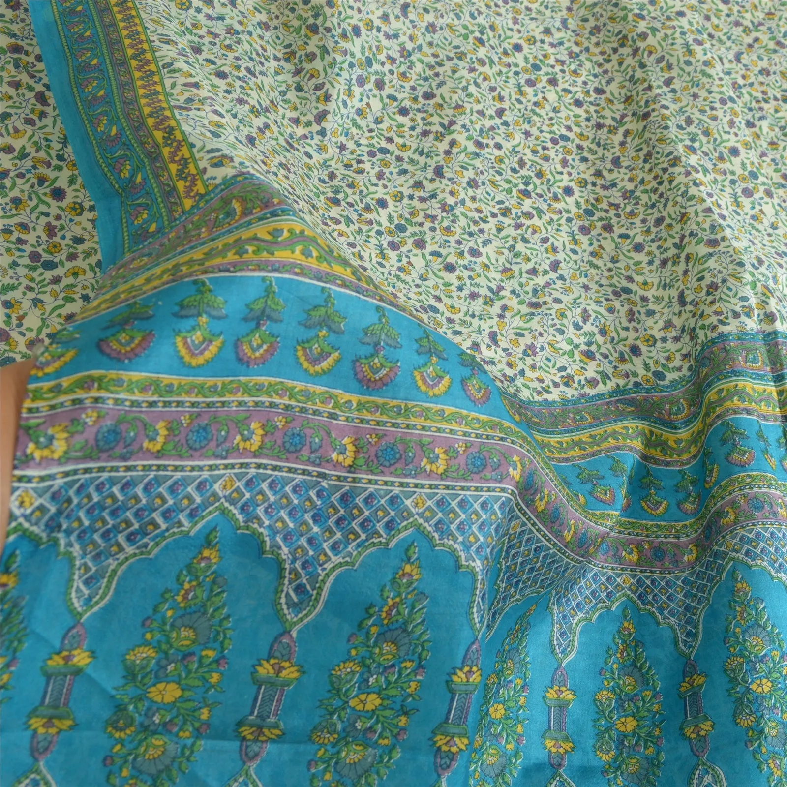 Sanskriti Vintage Sarees Ivory/Blue 100% Pure Silk Printed Sari 5yd Craft Fabric