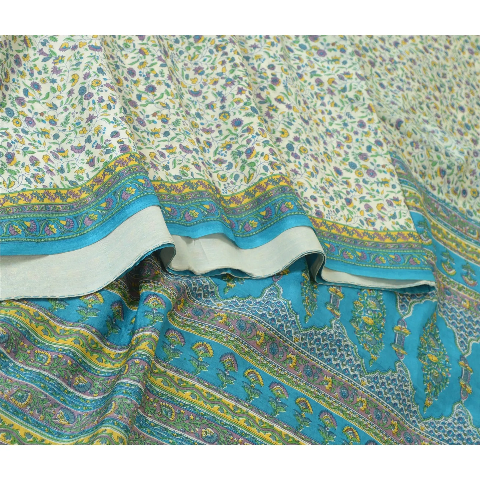 Sanskriti Vintage Sarees Ivory/Blue 100% Pure Silk Printed Sari 5yd Craft Fabric