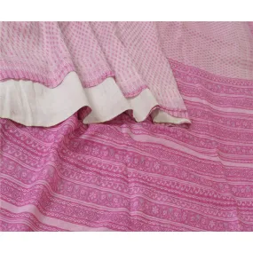 Sanskriti Vintage Sarees Ivory/Pink Pure Silk Printed Sari Floral Craft Fabric