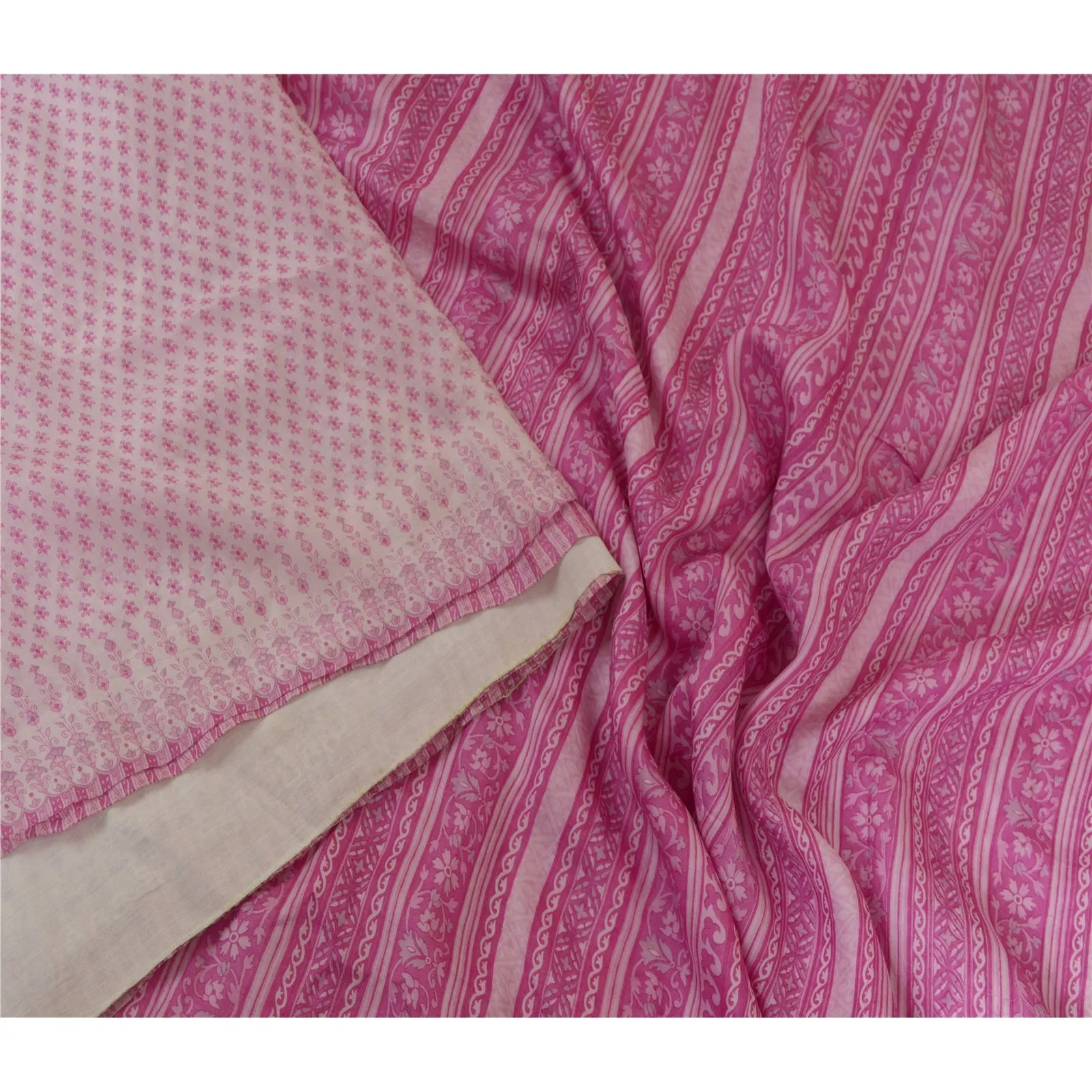 Sanskriti Vintage Sarees Ivory/Pink Pure Silk Printed Sari Floral Craft Fabric