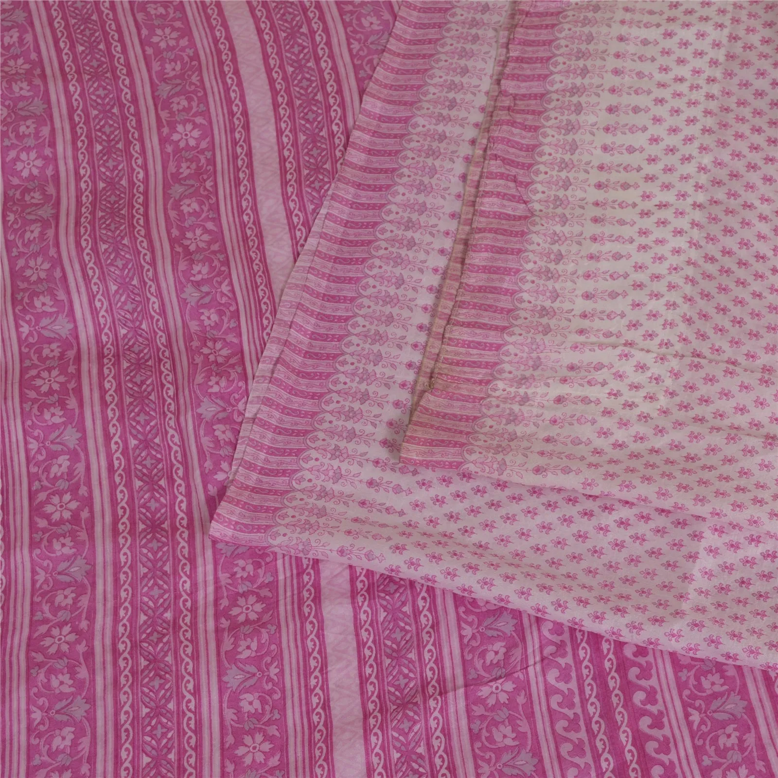 Sanskriti Vintage Sarees Ivory/Pink Pure Silk Printed Sari Floral Craft Fabric