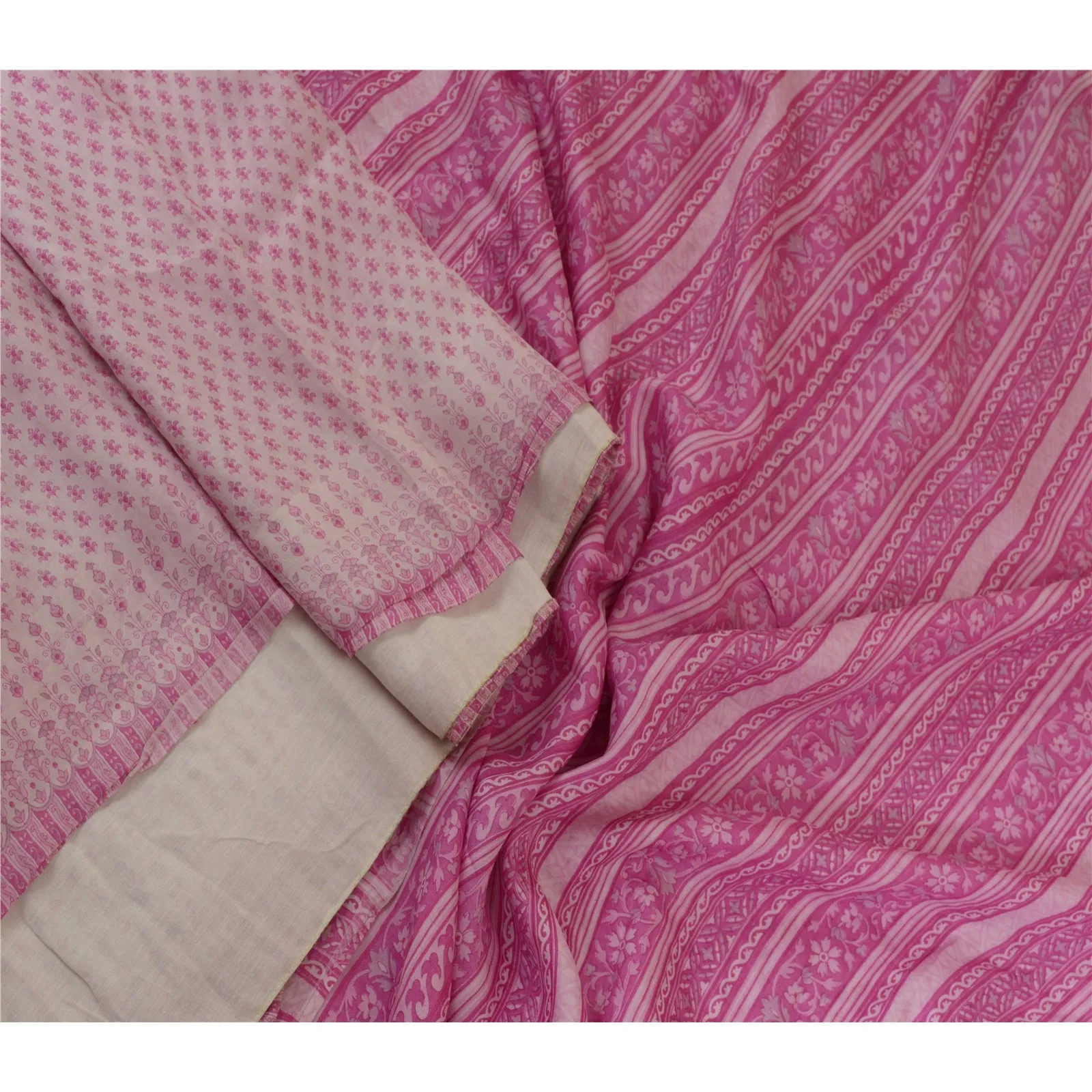 Sanskriti Vintage Sarees Ivory/Pink Pure Silk Printed Sari Floral Craft Fabric