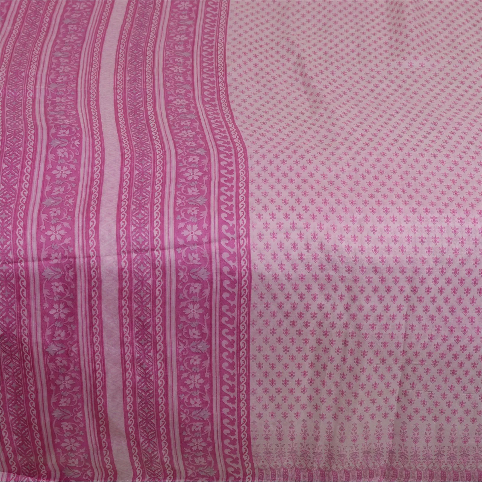 Sanskriti Vintage Sarees Ivory/Pink Pure Silk Printed Sari Floral Craft Fabric