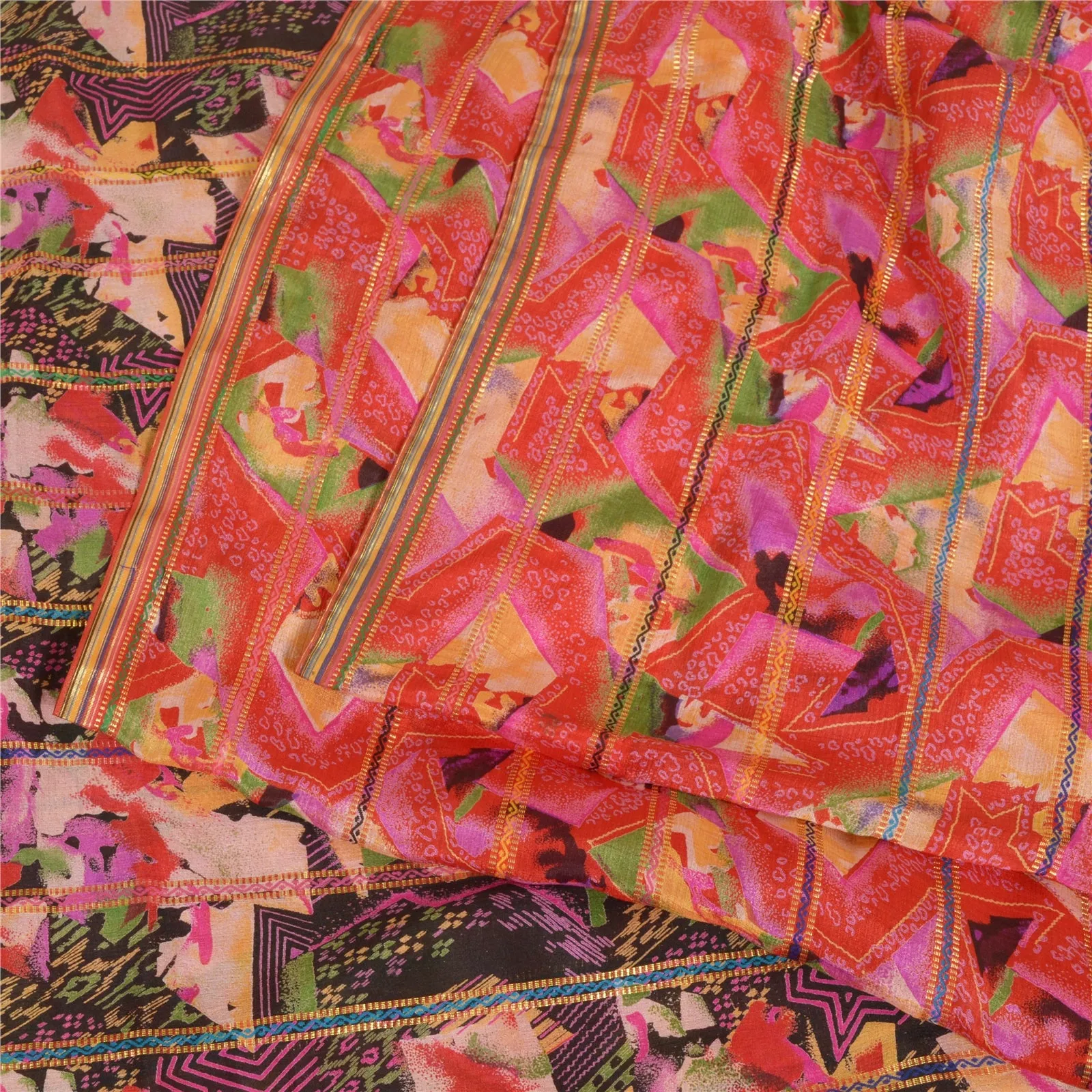 Sanskriti Vintage Sarees Multi Pure Silk Printed Golden Woven Sari Craft Fabric