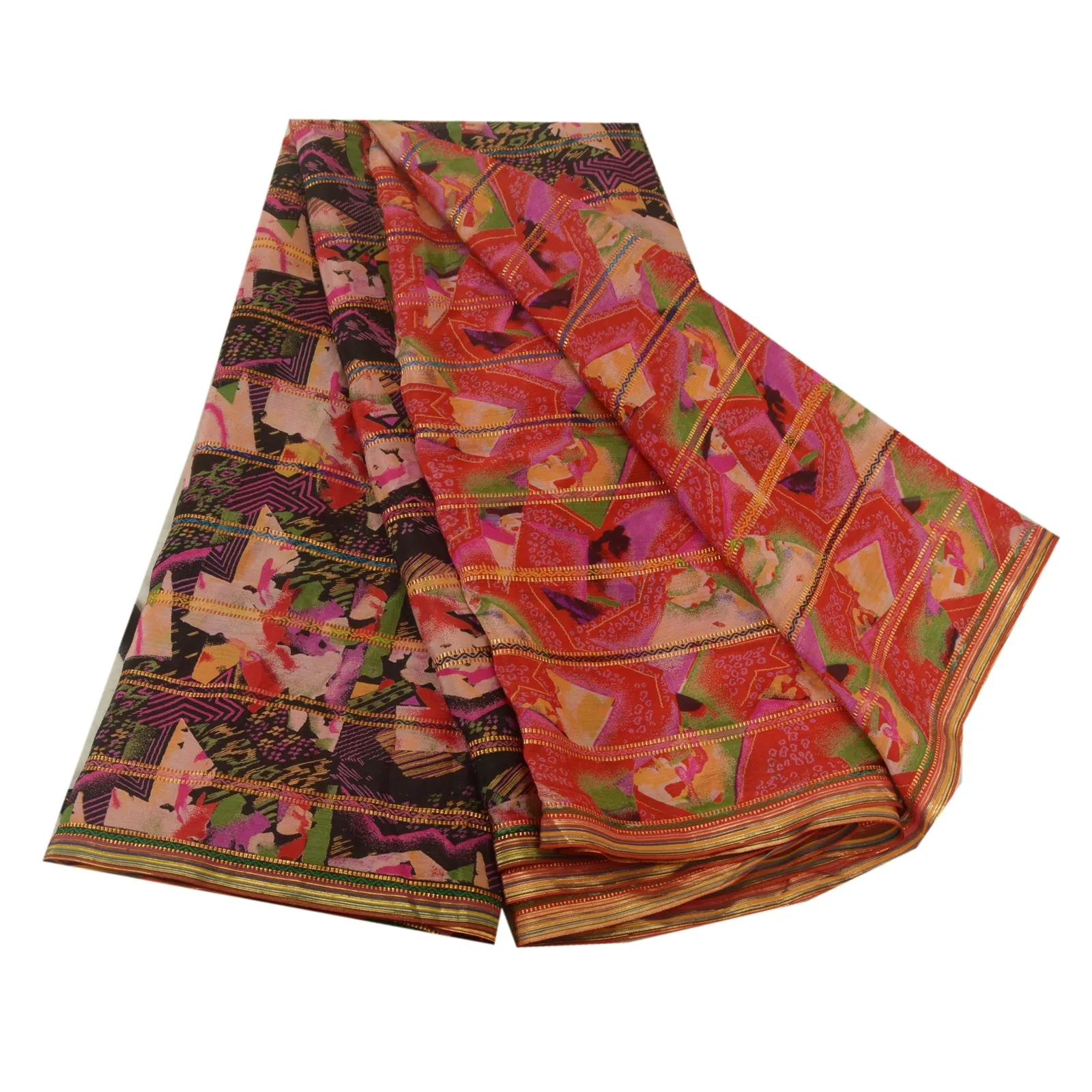 Sanskriti Vintage Sarees Multi Pure Silk Printed Golden Woven Sari Craft Fabric