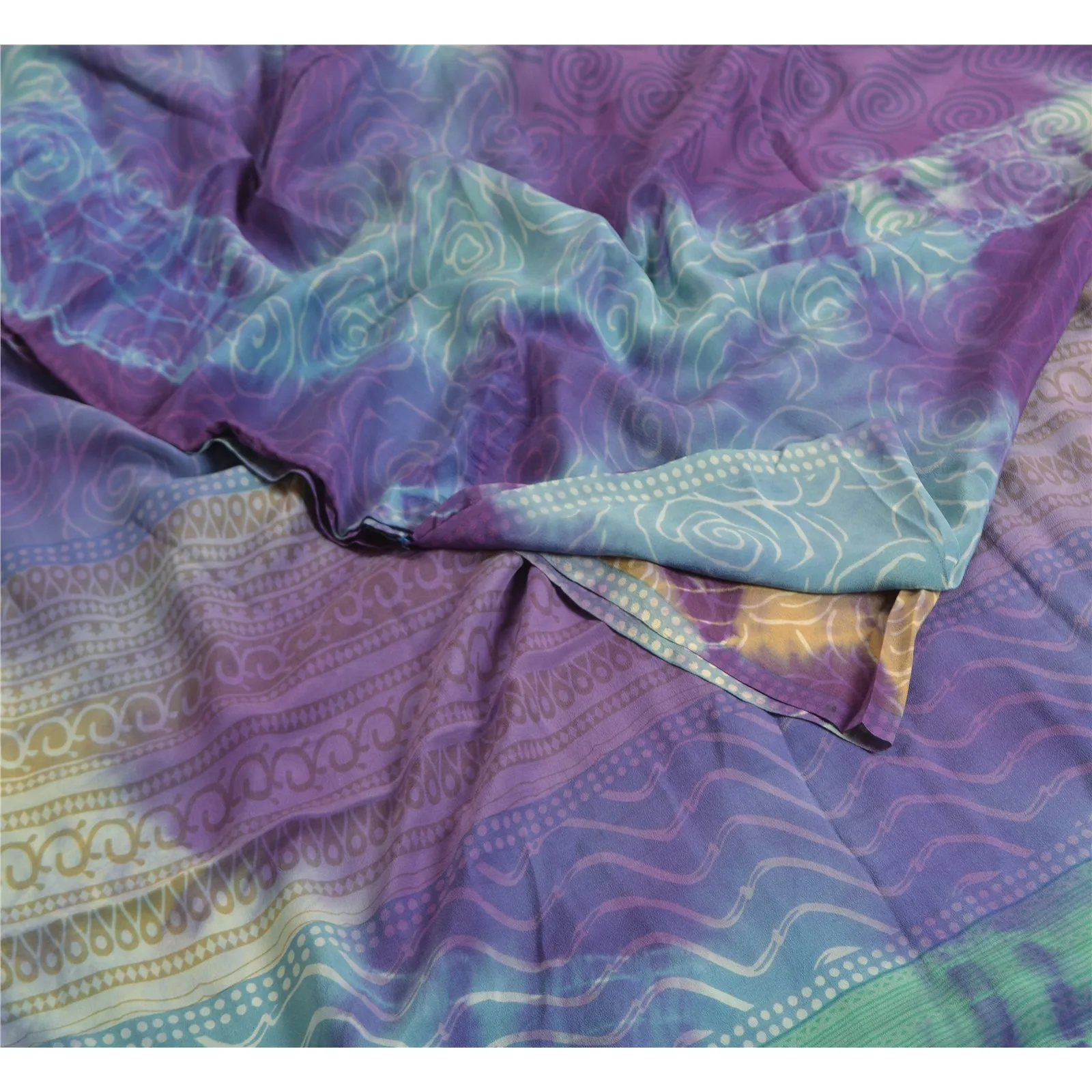 Sanskriti Vintage Sarees Multi Tie-Dye Pure Crepe Silk Printed Sari Craft Fabric