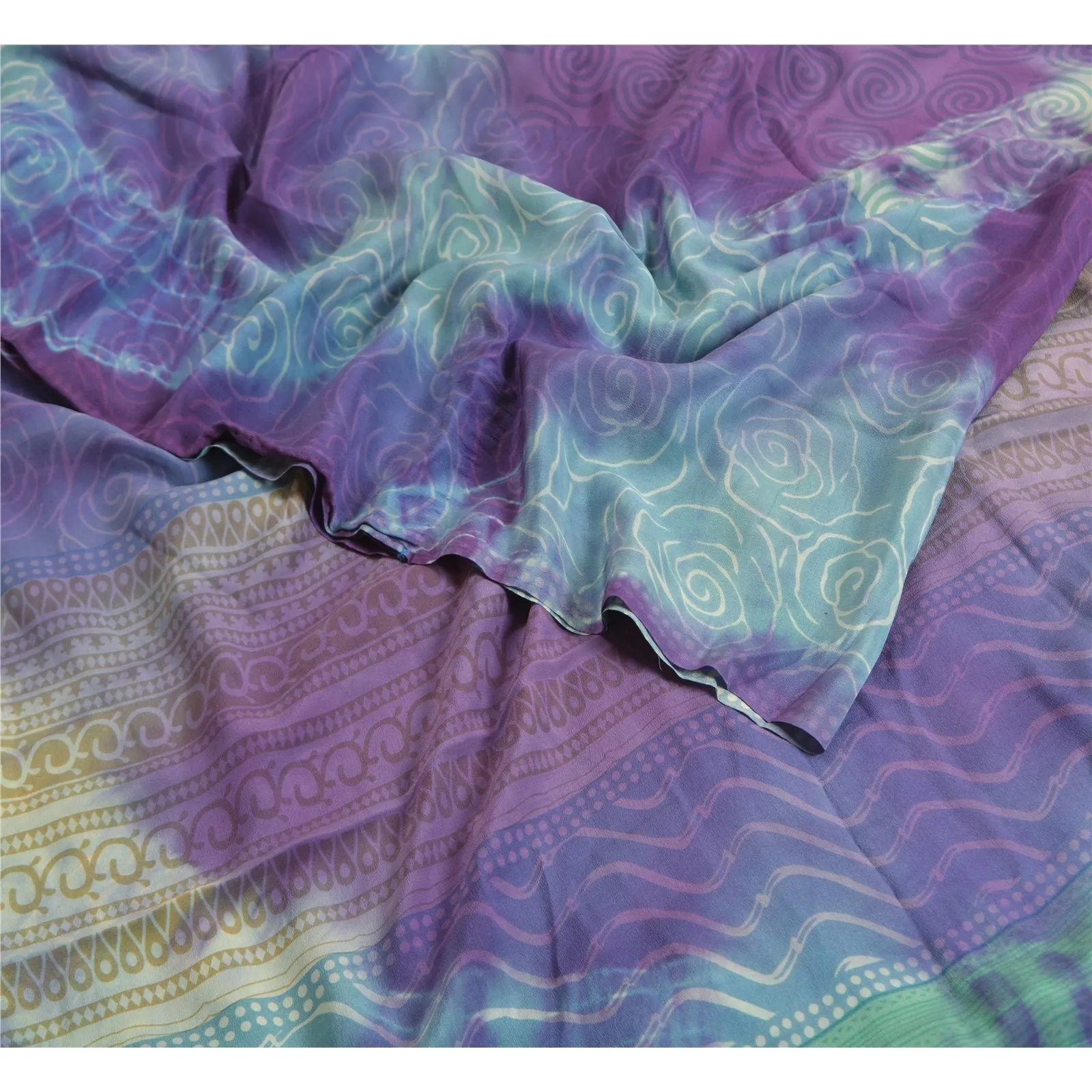 Sanskriti Vintage Sarees Multi Tie-Dye Pure Crepe Silk Printed Sari Craft Fabric