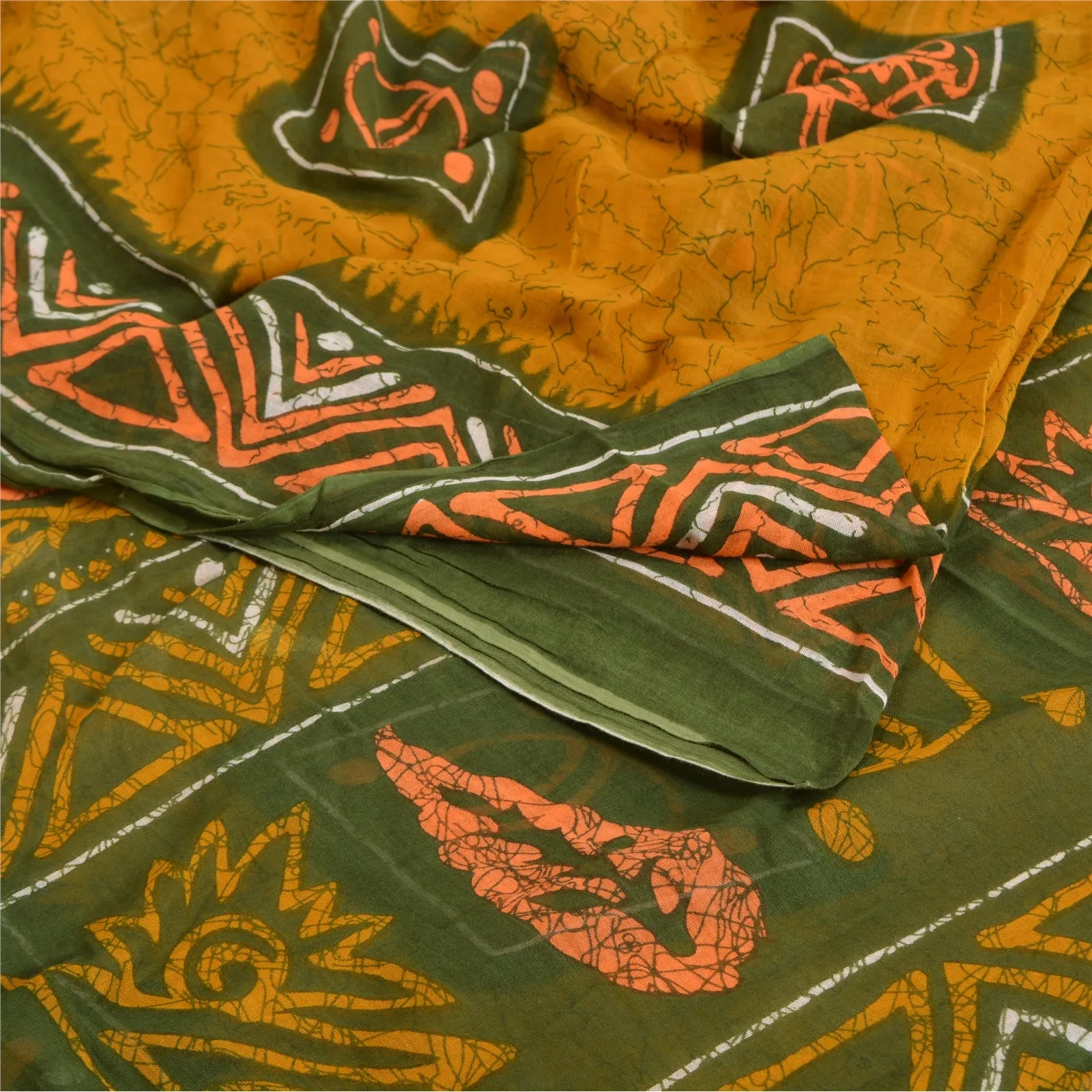 Sanskriti Vintage Sarees Mustard/Green Pure Cotton Printed Sari 5yd Craft Fabric