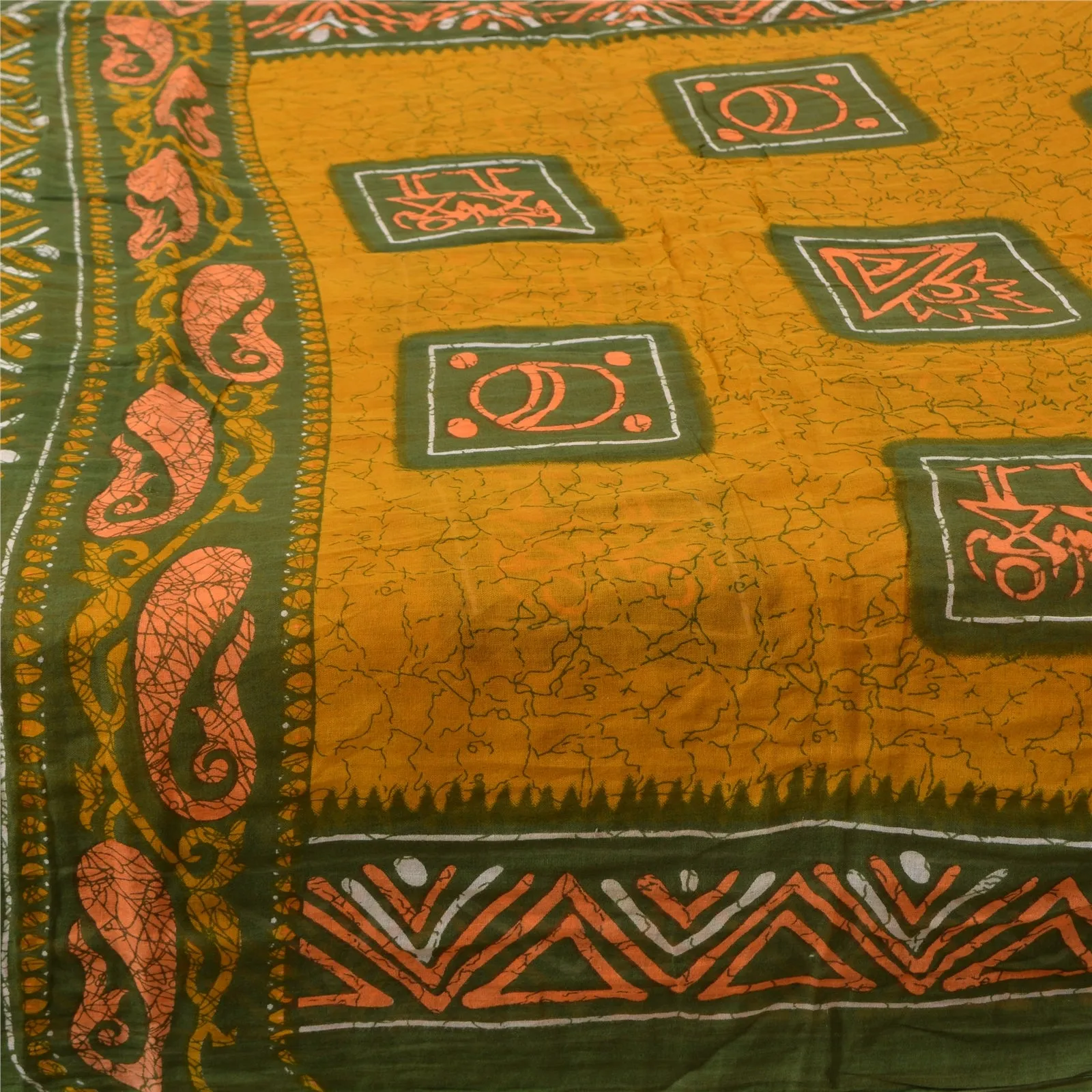 Sanskriti Vintage Sarees Mustard/Green Pure Cotton Printed Sari 5yd Craft Fabric