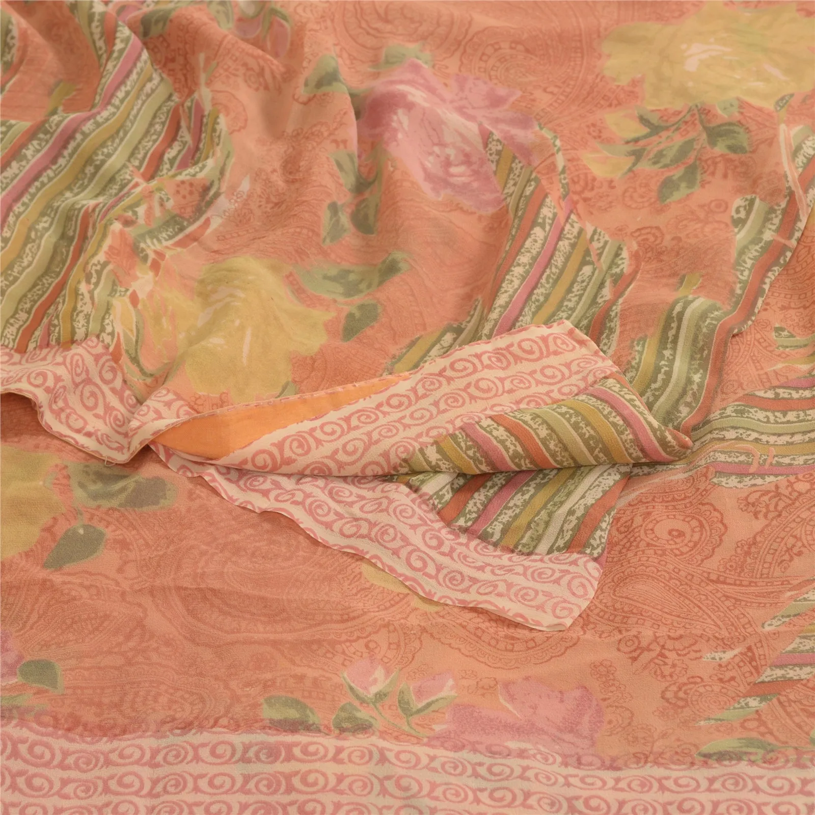 Sanskriti Vintage Sarees Peach Pure Georgette Silk Printed Sari Craft Fabric