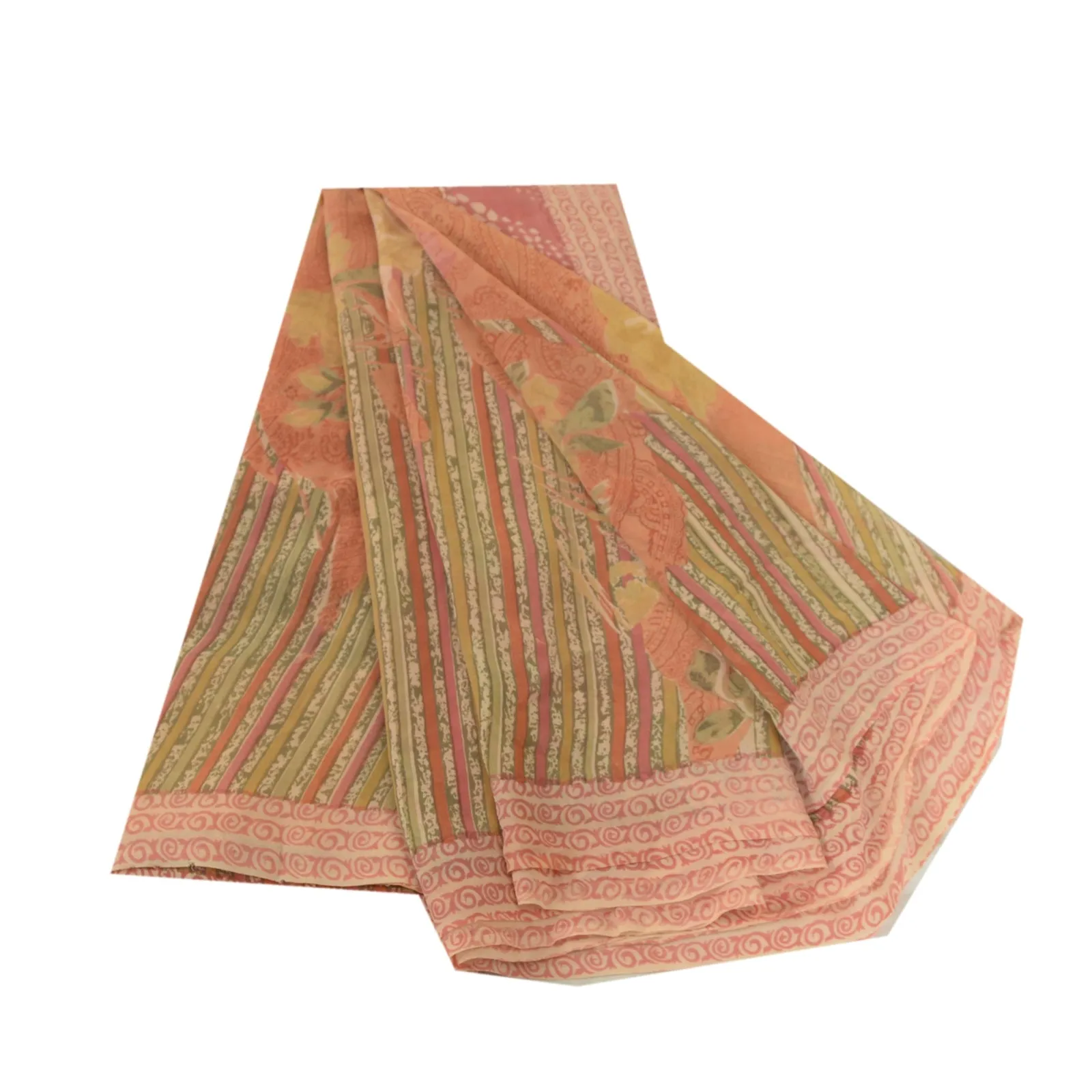 Sanskriti Vintage Sarees Peach Pure Georgette Silk Printed Sari Craft Fabric