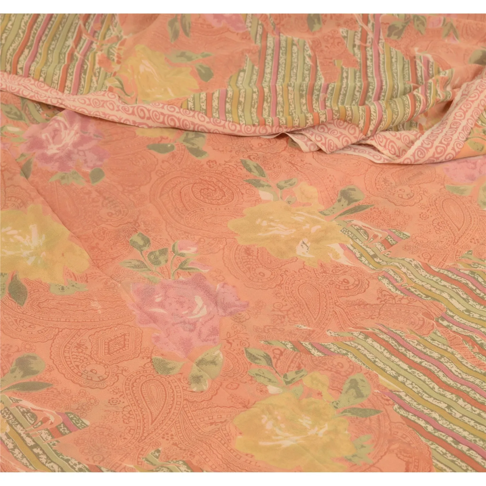 Sanskriti Vintage Sarees Peach Pure Georgette Silk Printed Sari Craft Fabric