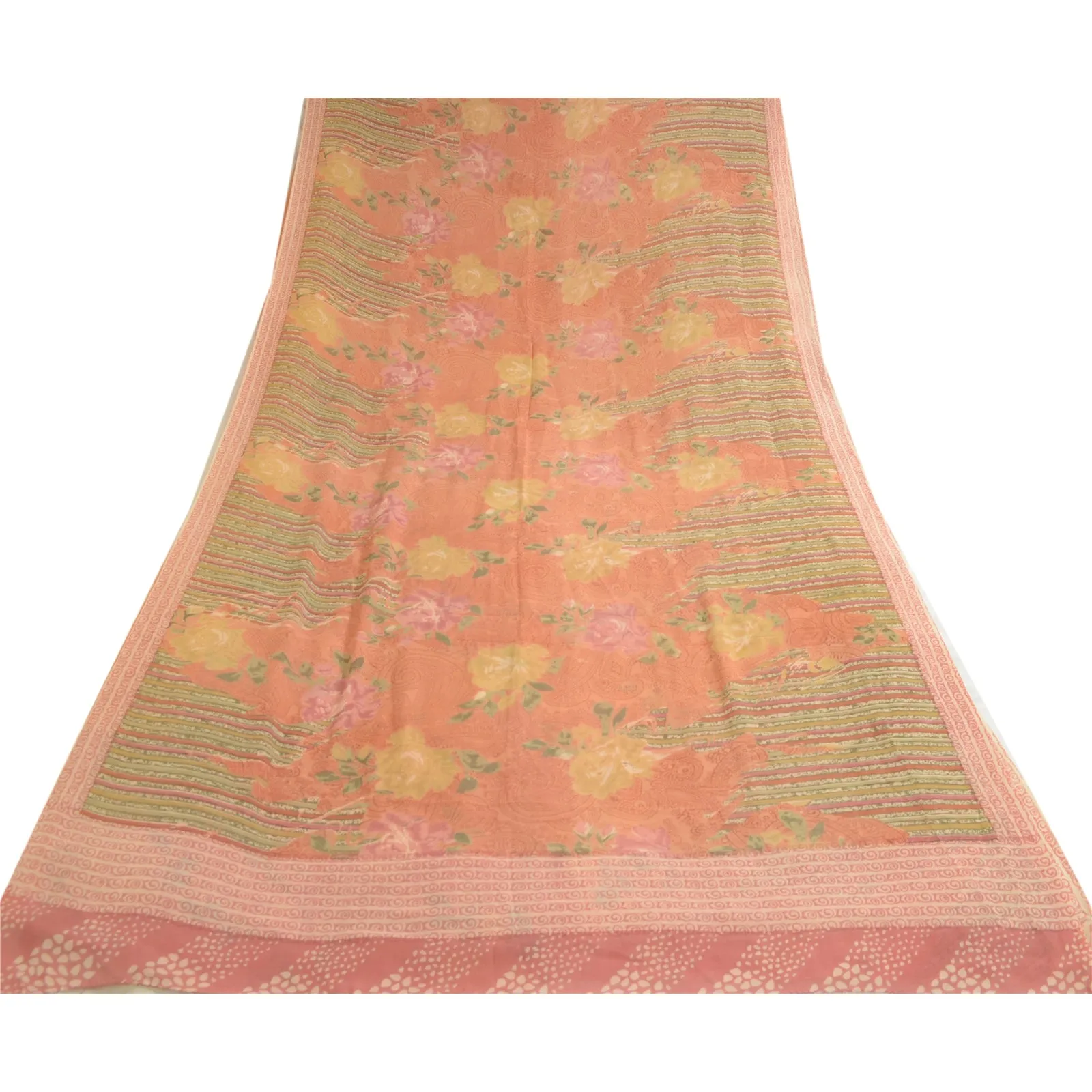 Sanskriti Vintage Sarees Peach Pure Georgette Silk Printed Sari Craft Fabric