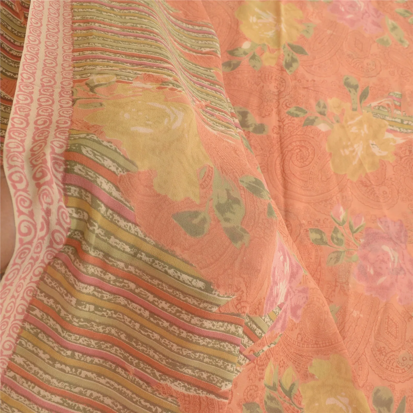 Sanskriti Vintage Sarees Peach Pure Georgette Silk Printed Sari Craft Fabric