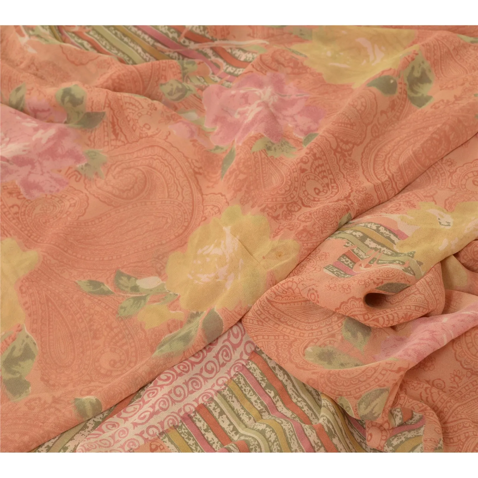 Sanskriti Vintage Sarees Peach Pure Georgette Silk Printed Sari Craft Fabric