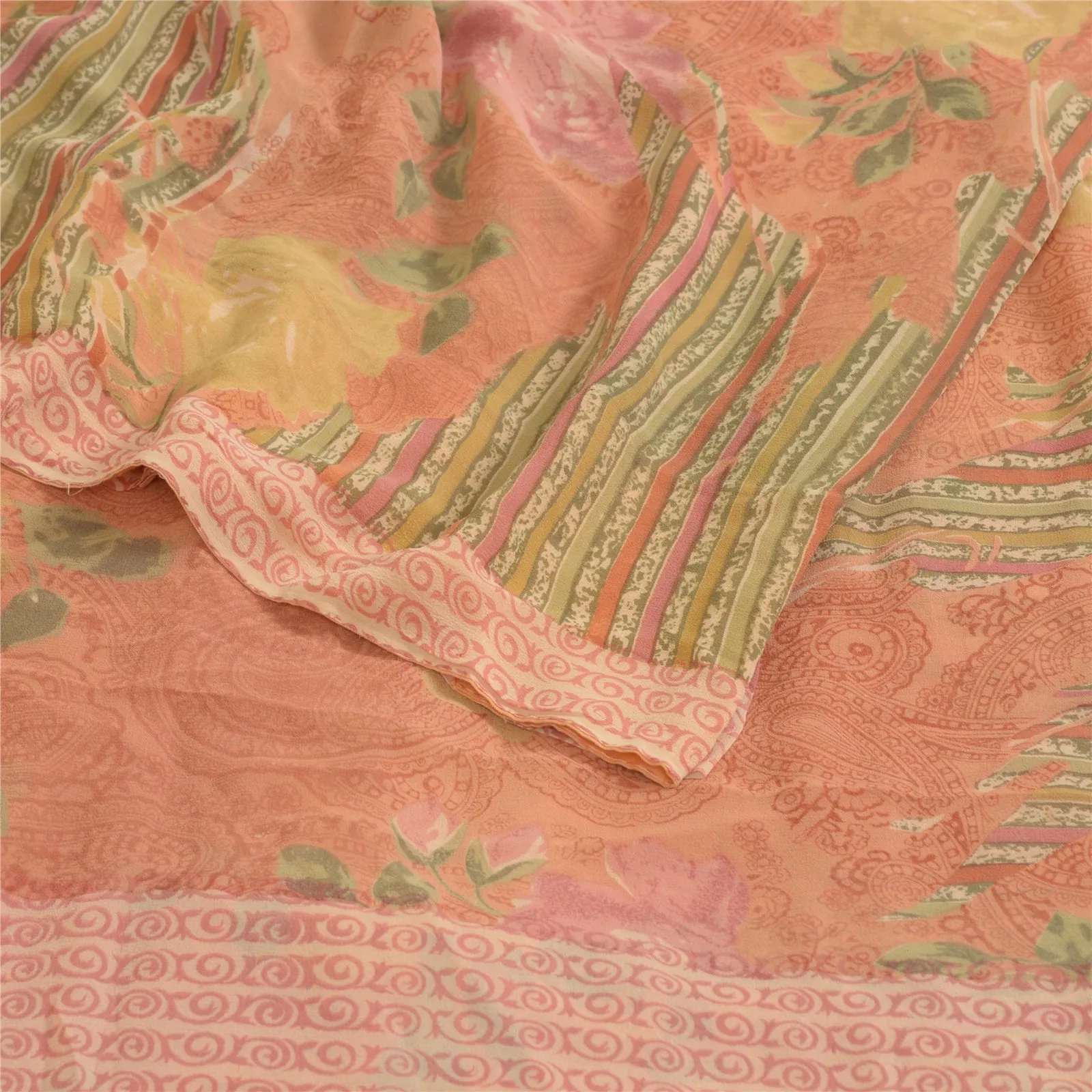 Sanskriti Vintage Sarees Peach Pure Georgette Silk Printed Sari Craft Fabric