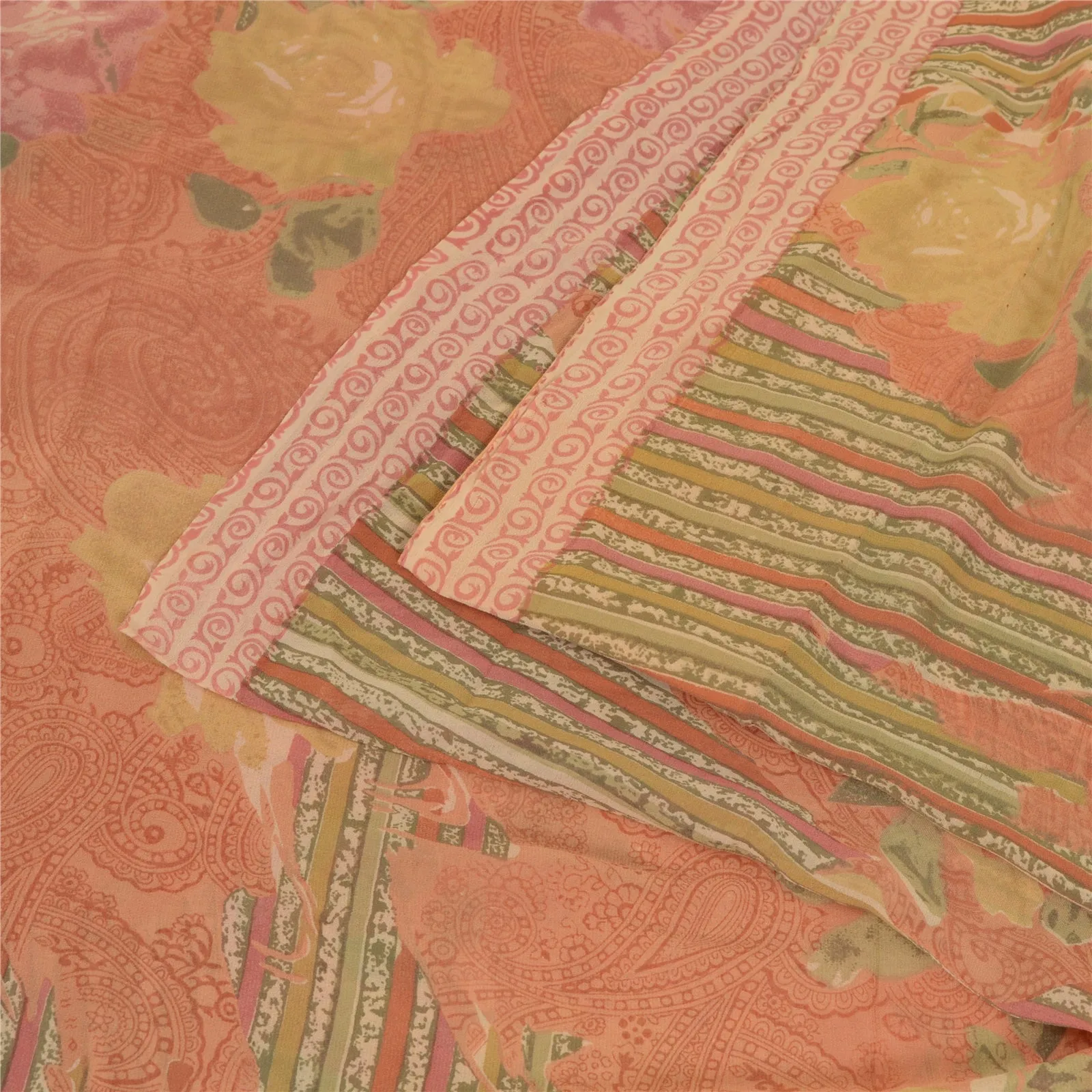 Sanskriti Vintage Sarees Peach Pure Georgette Silk Printed Sari Craft Fabric