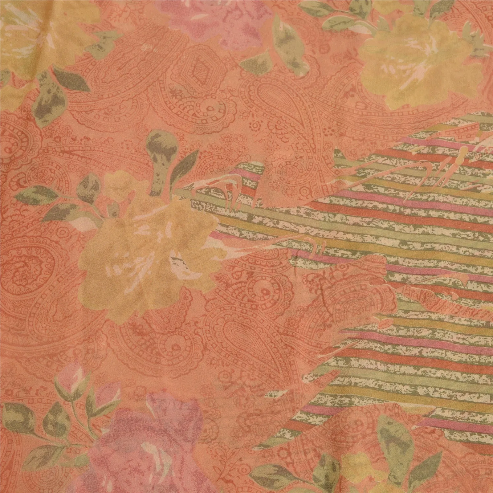 Sanskriti Vintage Sarees Peach Pure Georgette Silk Printed Sari Craft Fabric