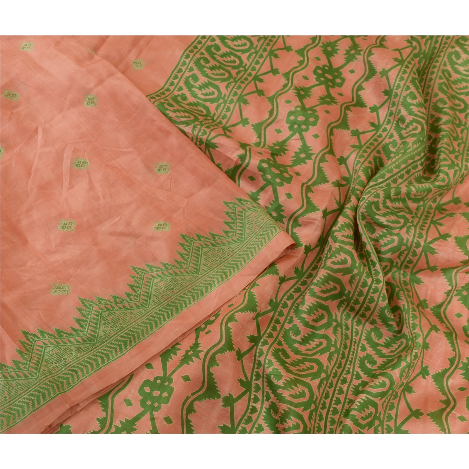 Sanskriti Vintage Sarees Pink/Green Pure Silk Sari Printed Soft 5yd Craft Fabric