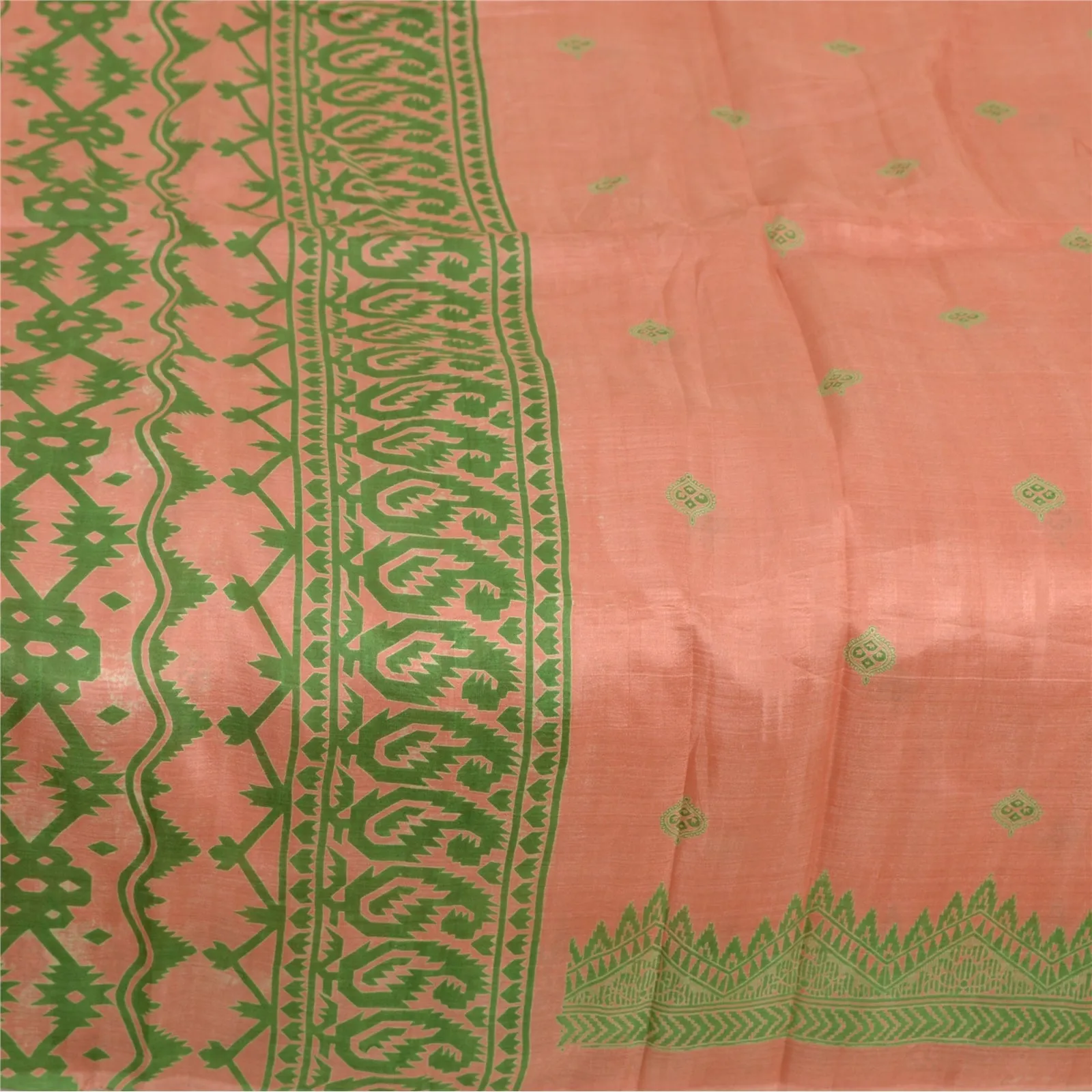 Sanskriti Vintage Sarees Pink/Green Pure Silk Sari Printed Soft 5yd Craft Fabric