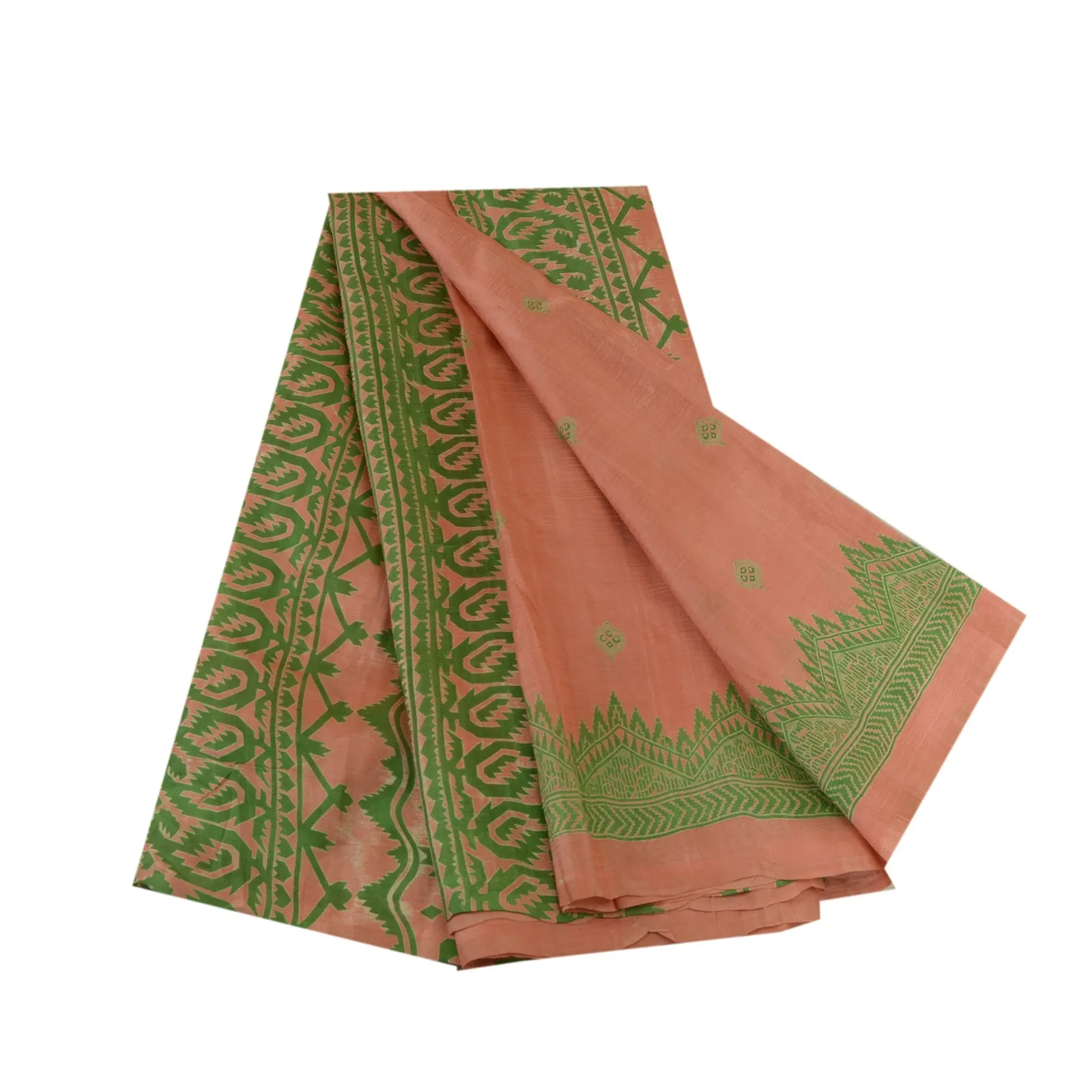 Sanskriti Vintage Sarees Pink/Green Pure Silk Sari Printed Soft 5yd Craft Fabric