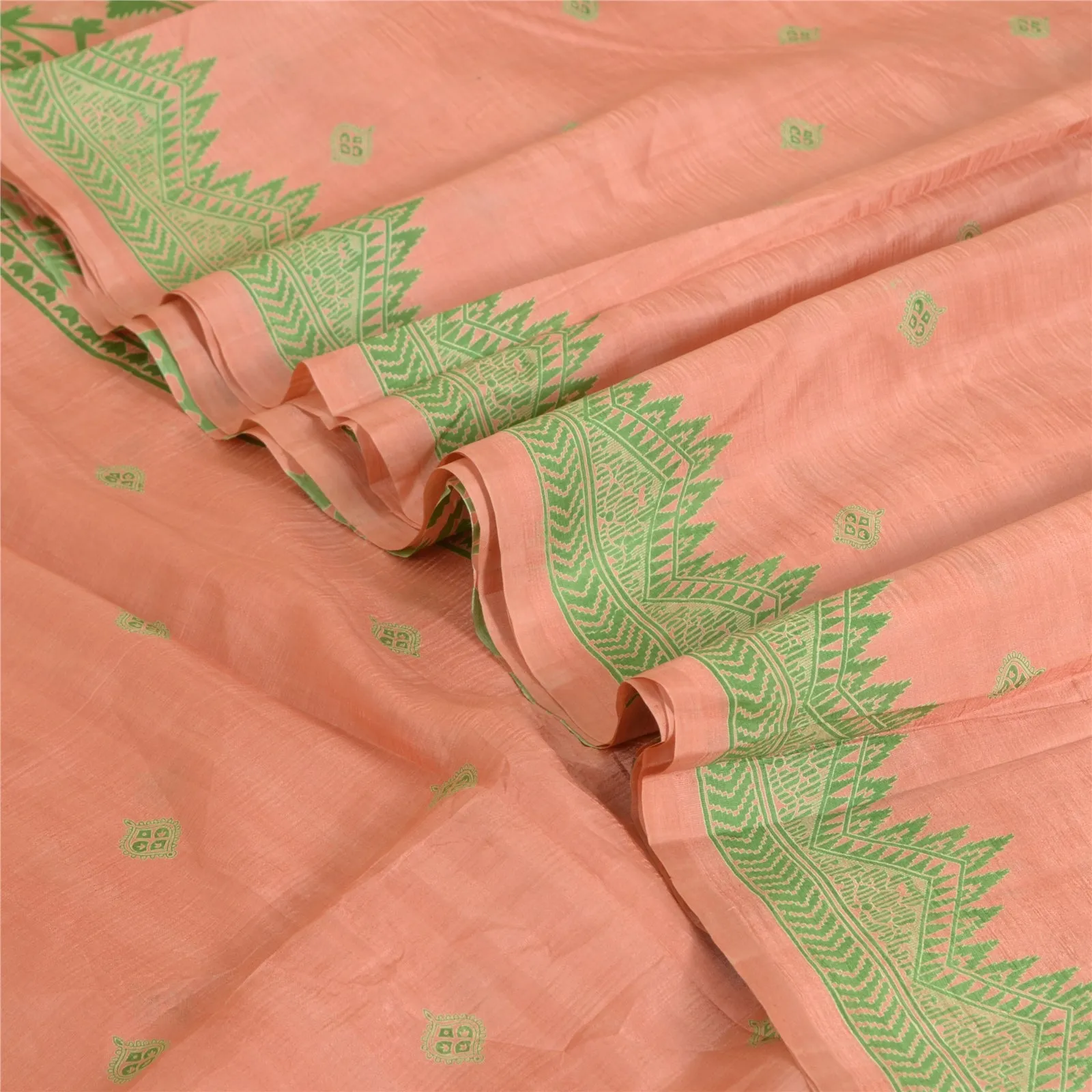 Sanskriti Vintage Sarees Pink/Green Pure Silk Sari Printed Soft 5yd Craft Fabric