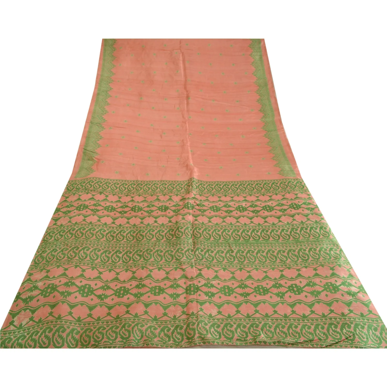 Sanskriti Vintage Sarees Pink/Green Pure Silk Sari Printed Soft 5yd Craft Fabric