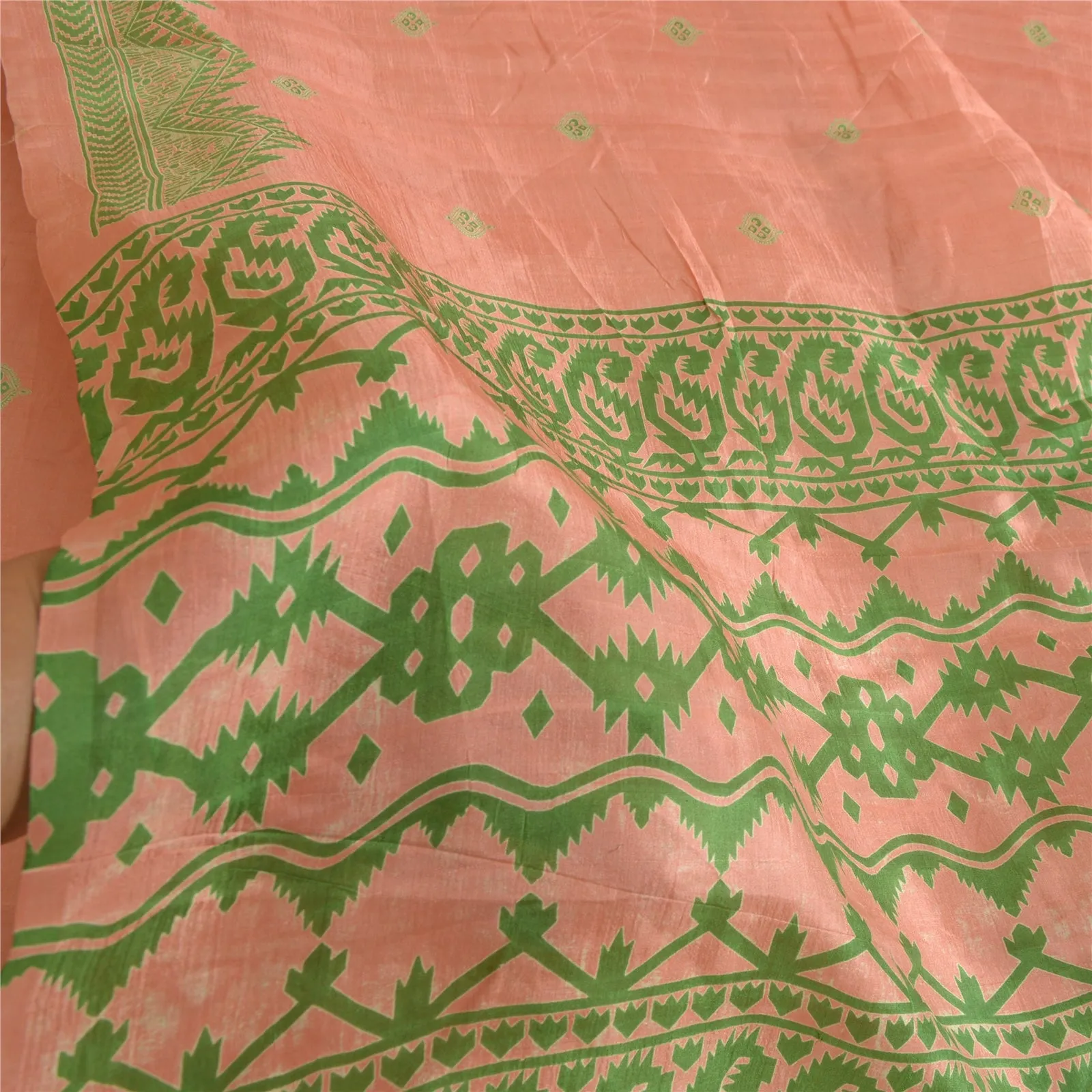 Sanskriti Vintage Sarees Pink/Green Pure Silk Sari Printed Soft 5yd Craft Fabric