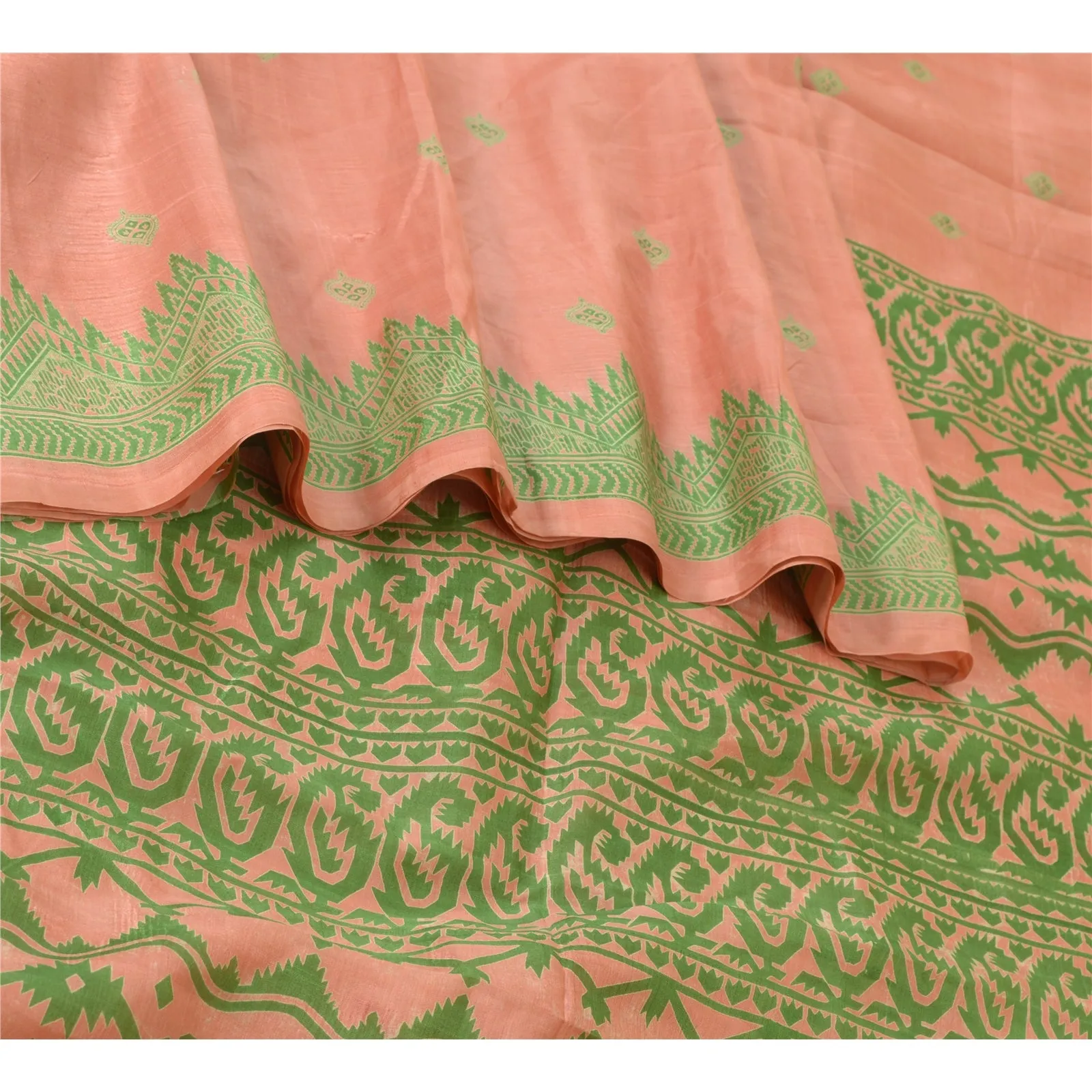 Sanskriti Vintage Sarees Pink/Green Pure Silk Sari Printed Soft 5yd Craft Fabric