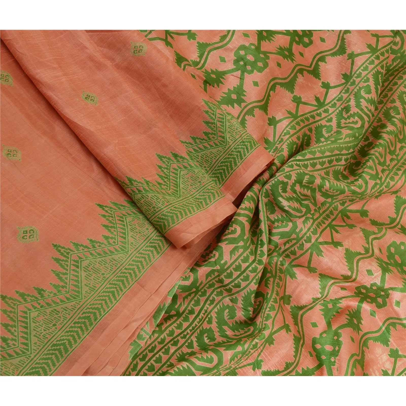 Sanskriti Vintage Sarees Pink/Green Pure Silk Sari Printed Soft 5yd Craft Fabric