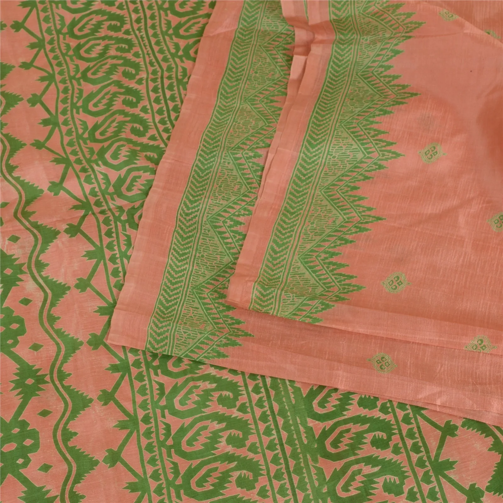 Sanskriti Vintage Sarees Pink/Green Pure Silk Sari Printed Soft 5yd Craft Fabric