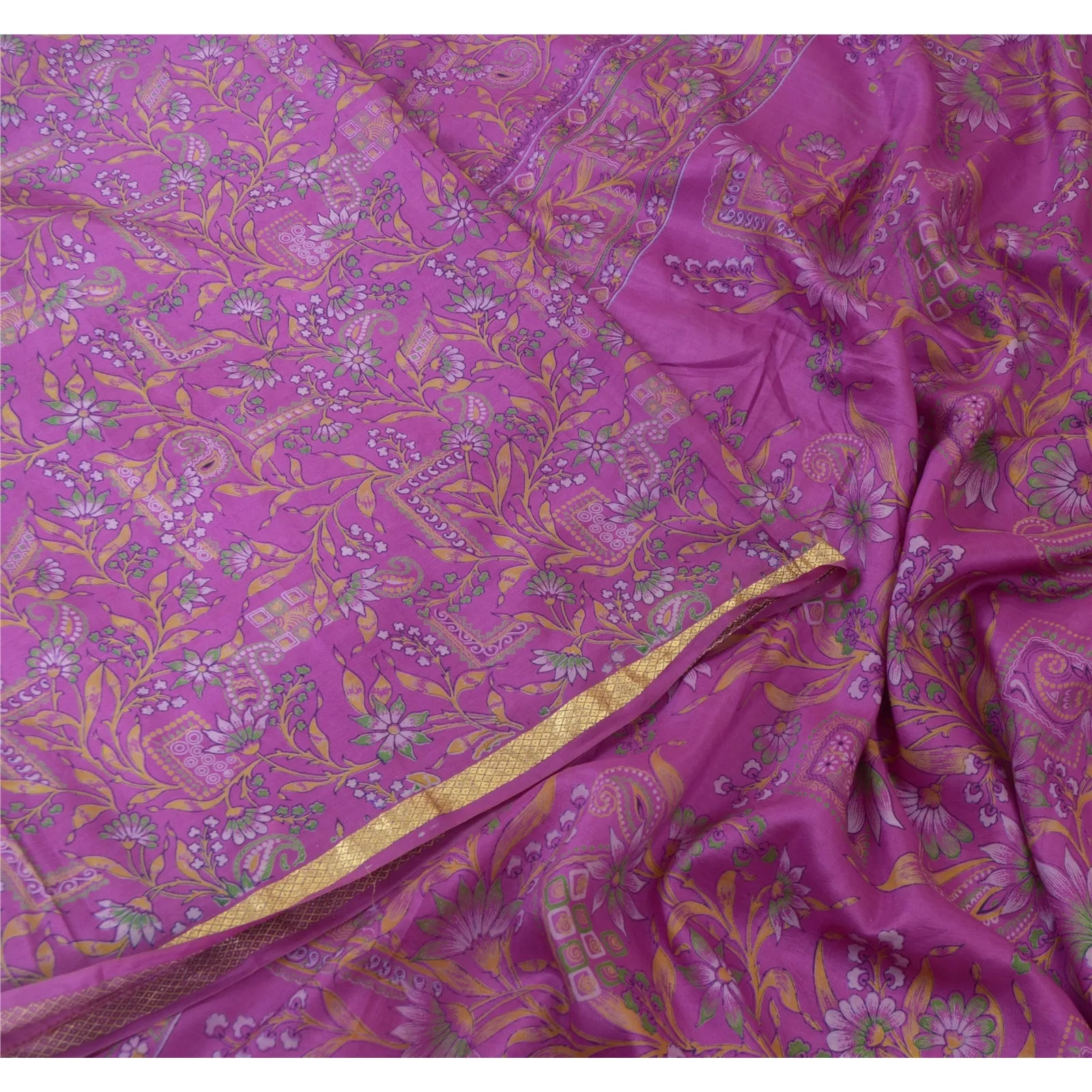 Sanskriti Vintage Sarees Purple Zari Border Pure Silk Printed Sari Craft Fabric