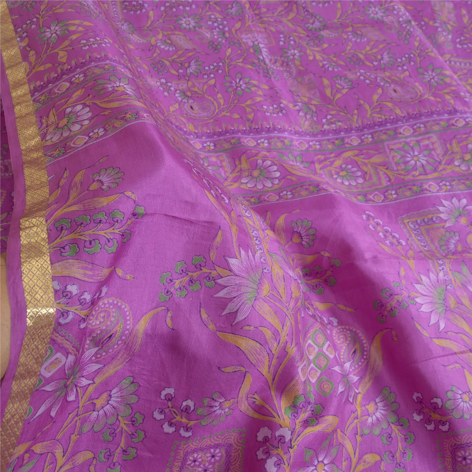 Sanskriti Vintage Sarees Purple Zari Border Pure Silk Printed Sari Craft Fabric